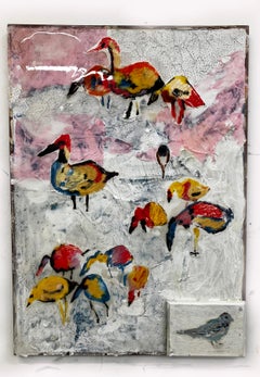Lyrical Miracle, abstract w birds ducks colorful mixed media painting