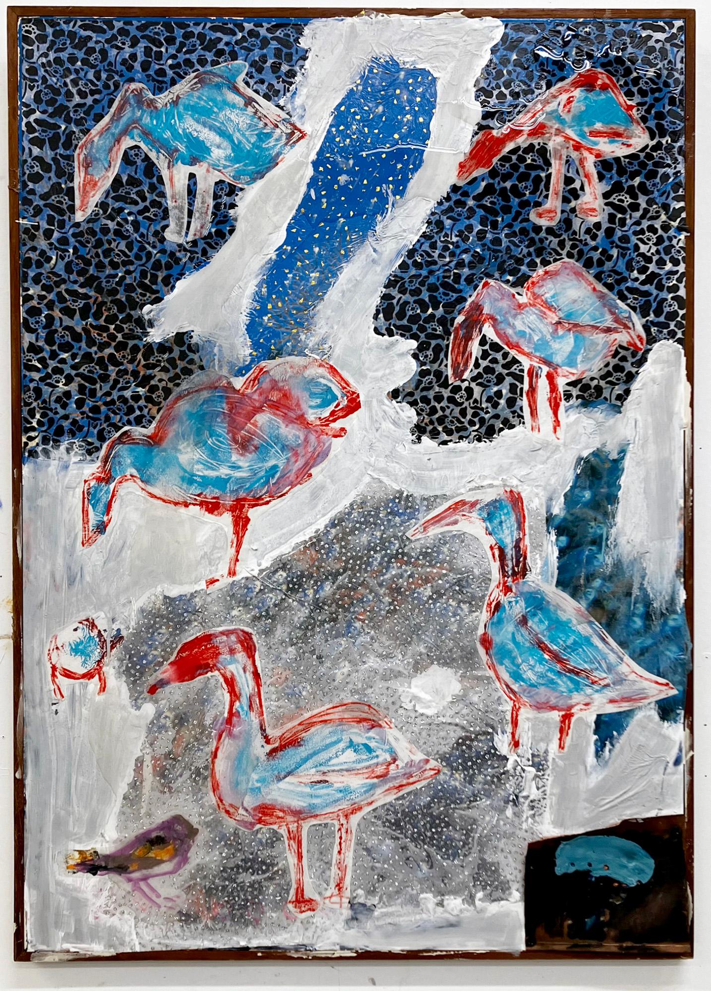 Make Me Proud or At Least Less Ashamed, blue colors, bird patterned abstraction - Painting by C. Dimitri