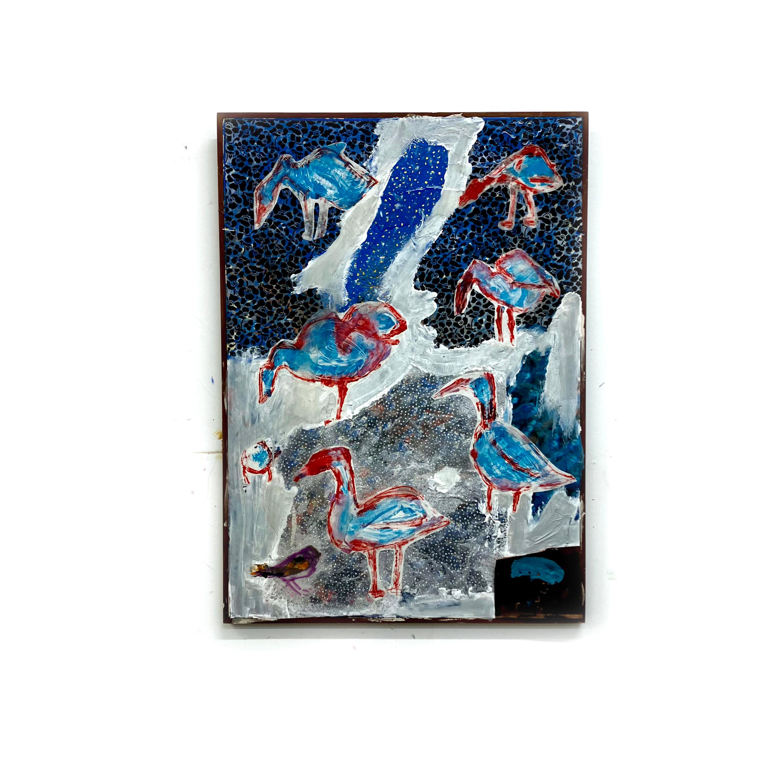 Make Me Proud or At Least Less Ashamed, blue colors, bird patterned abstraction - Abstract Painting by C. Dimitri