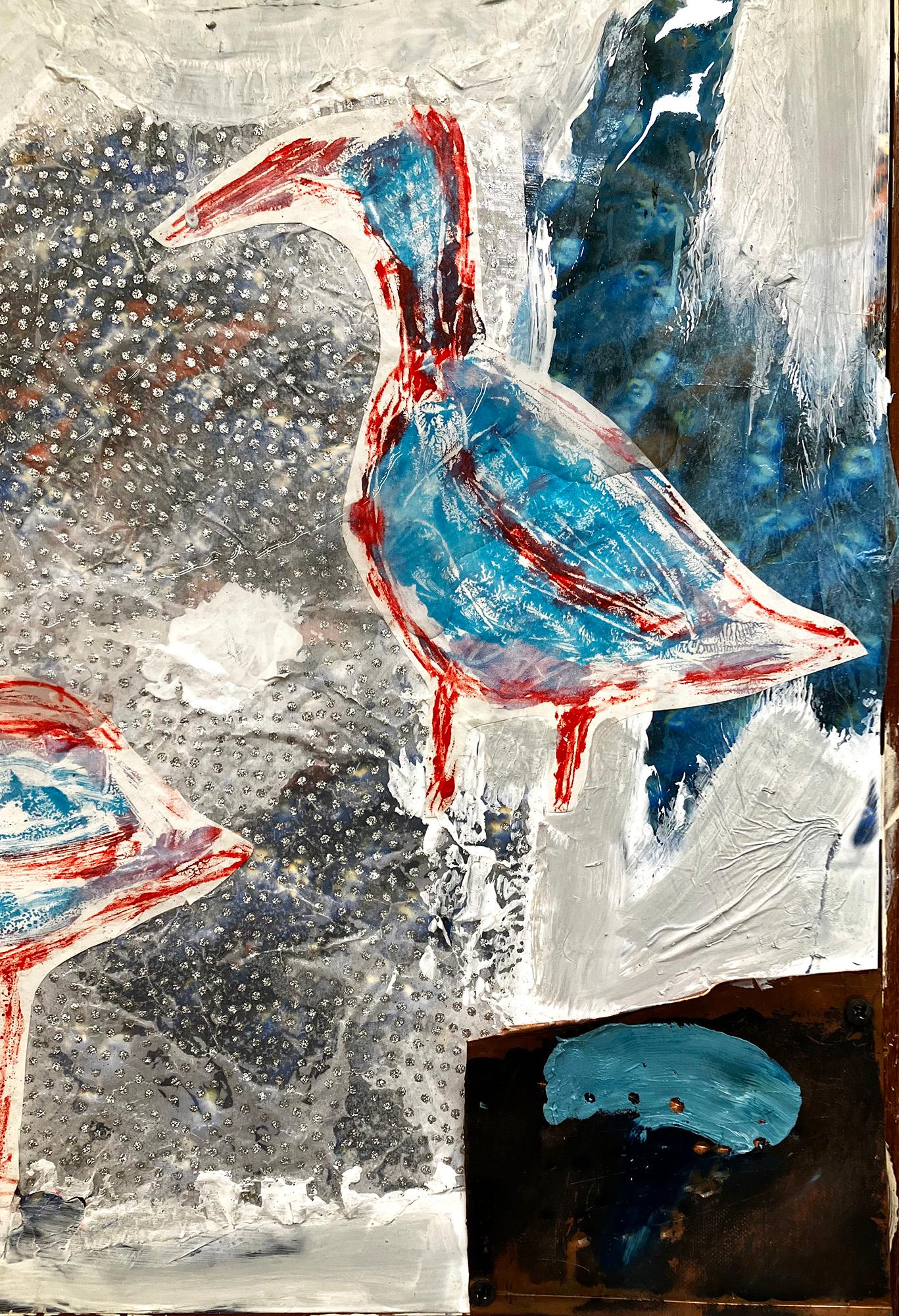 Make Me Proud or At Least Less Ashamed, blue colors, bird patterned abstraction - Gray Animal Painting by C. Dimitri