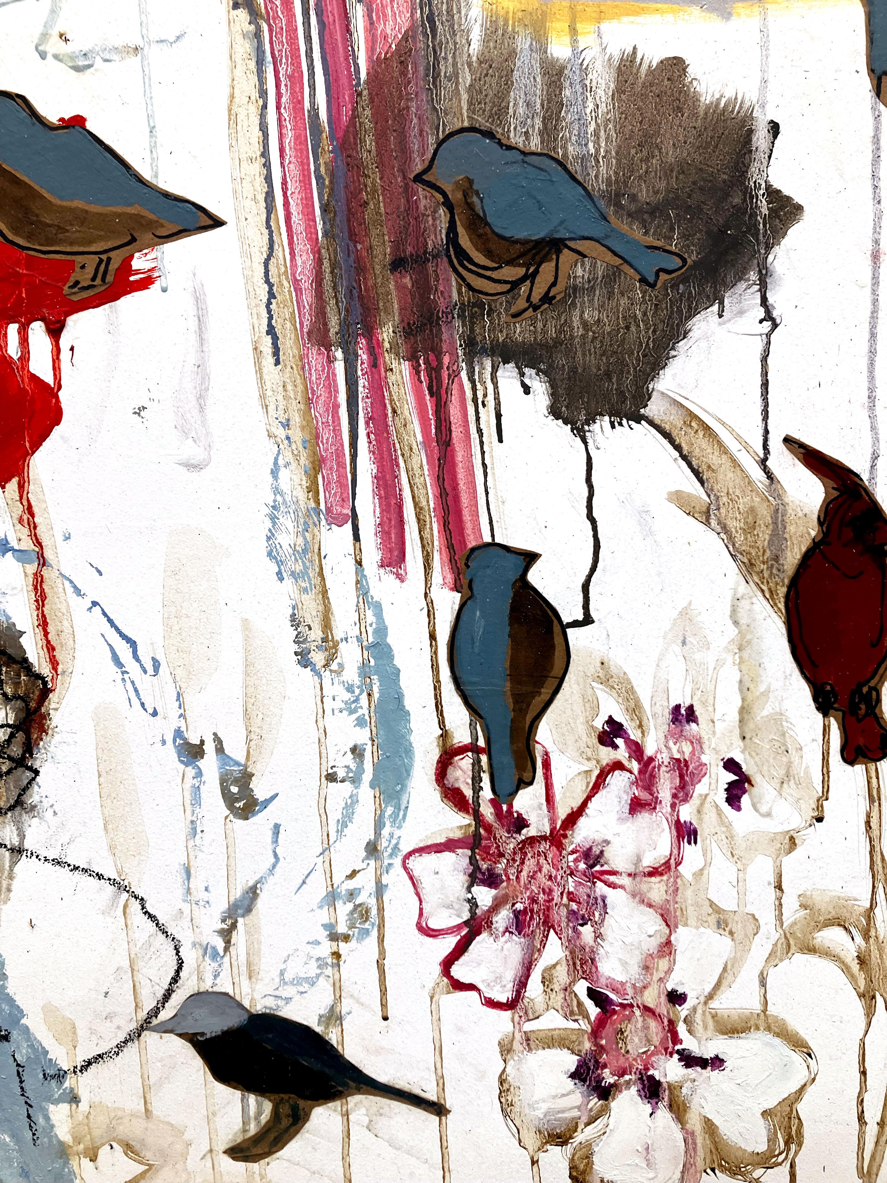 Nessun Dorma (No one sleeps) farbenfrohes abstraktes Gemälde, Vögel, blaue, graue Töne – Painting von C. Dimitri