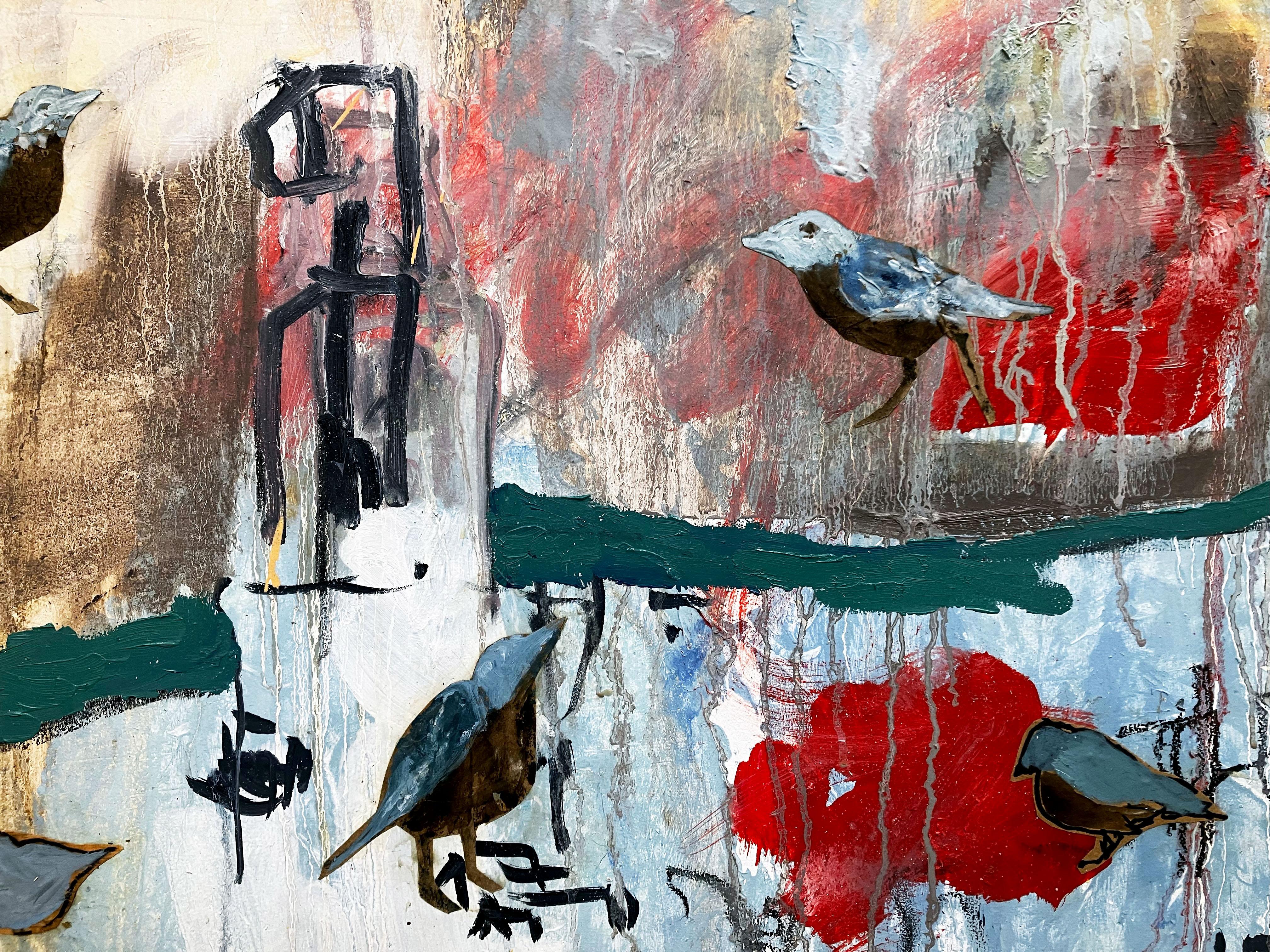 Nessun Dorma (No one sleeps) farbenfrohes abstraktes Gemälde, Vögel, blaue, graue Töne (Zeitgenössisch), Painting, von C. Dimitri