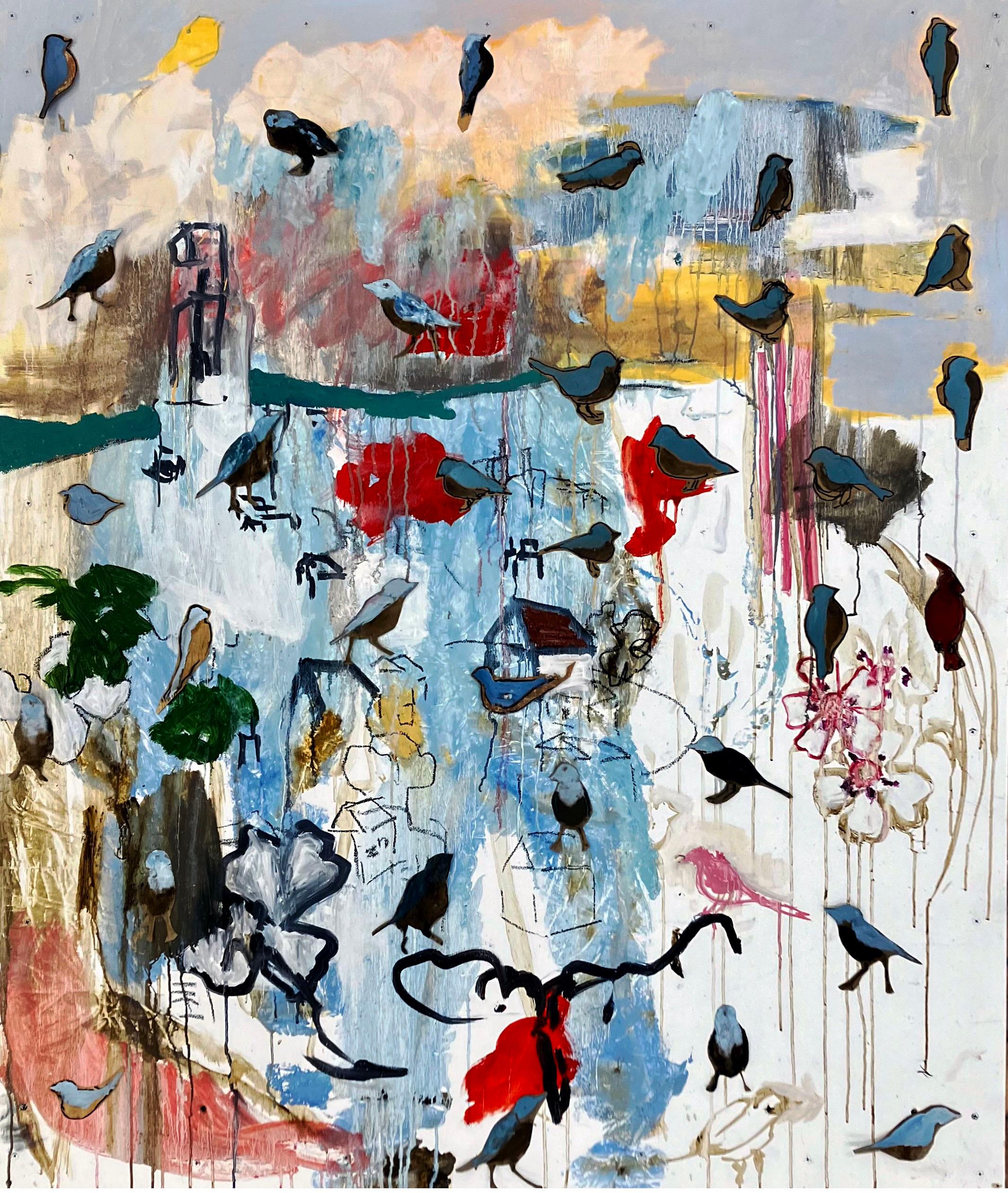 Nessun Dorma (No one sleeps) farbenfrohes abstraktes Gemälde, Vögel, blaue, graue Töne
