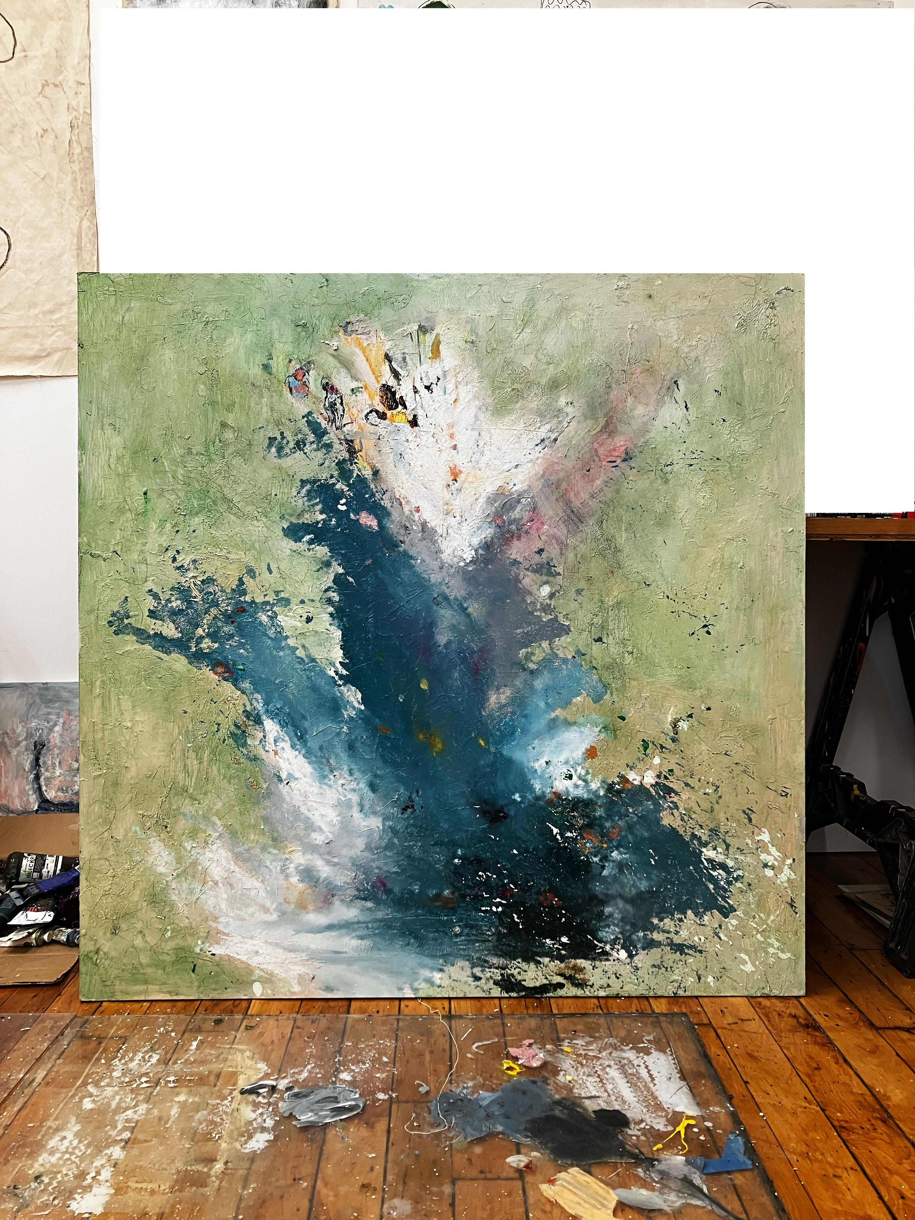 Ozeanischer Pinselstrich, dynamische Pinselführung in abstraktem Gemälde mit blassgrünem, blauem und weißem – Painting von C. Dimitri