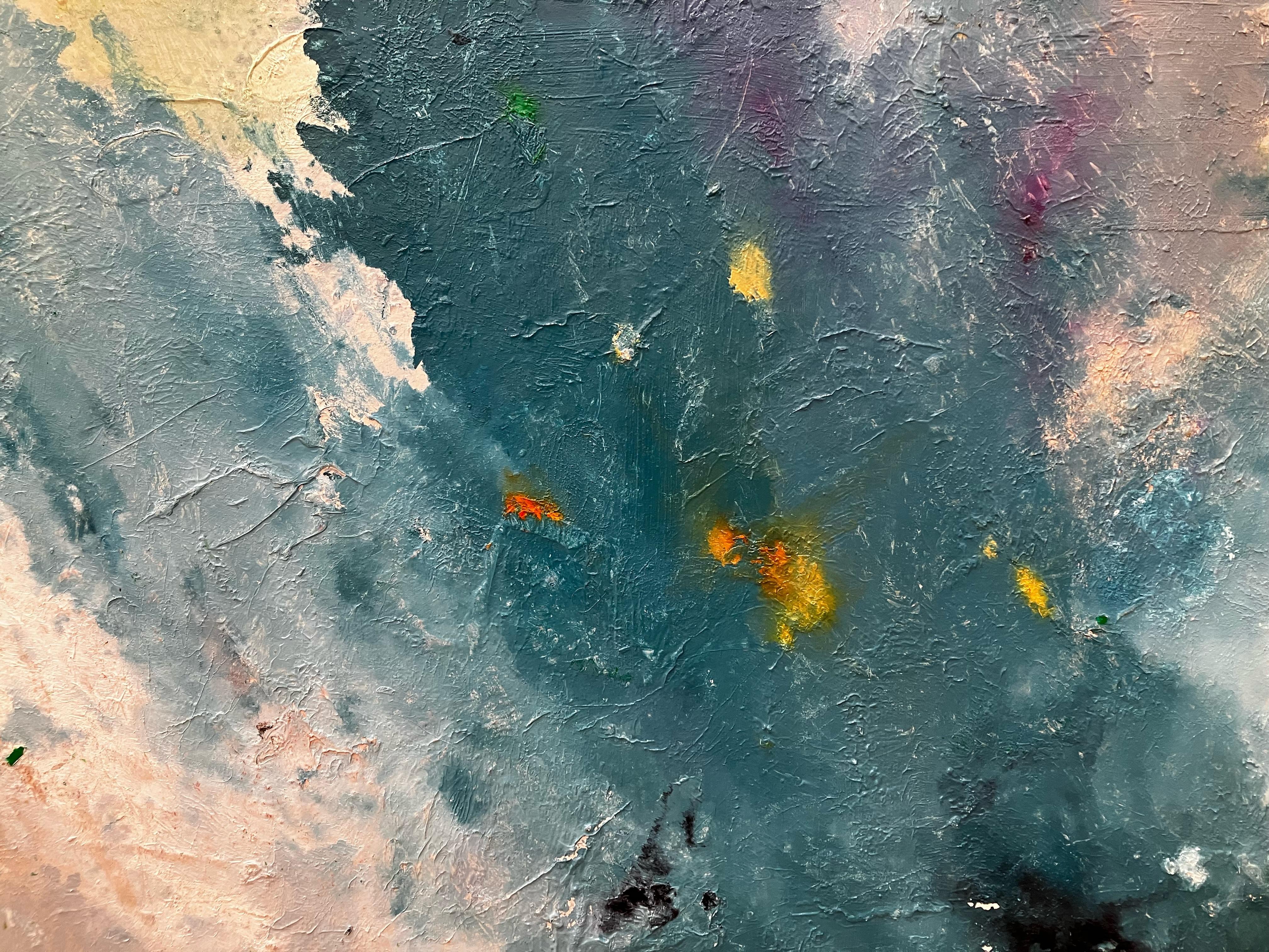 Ozeanischer Pinselstrich, dynamische Pinselführung in abstraktem Gemälde mit blassgrünem, blauem und weißem (Abstrakt), Painting, von C. Dimitri