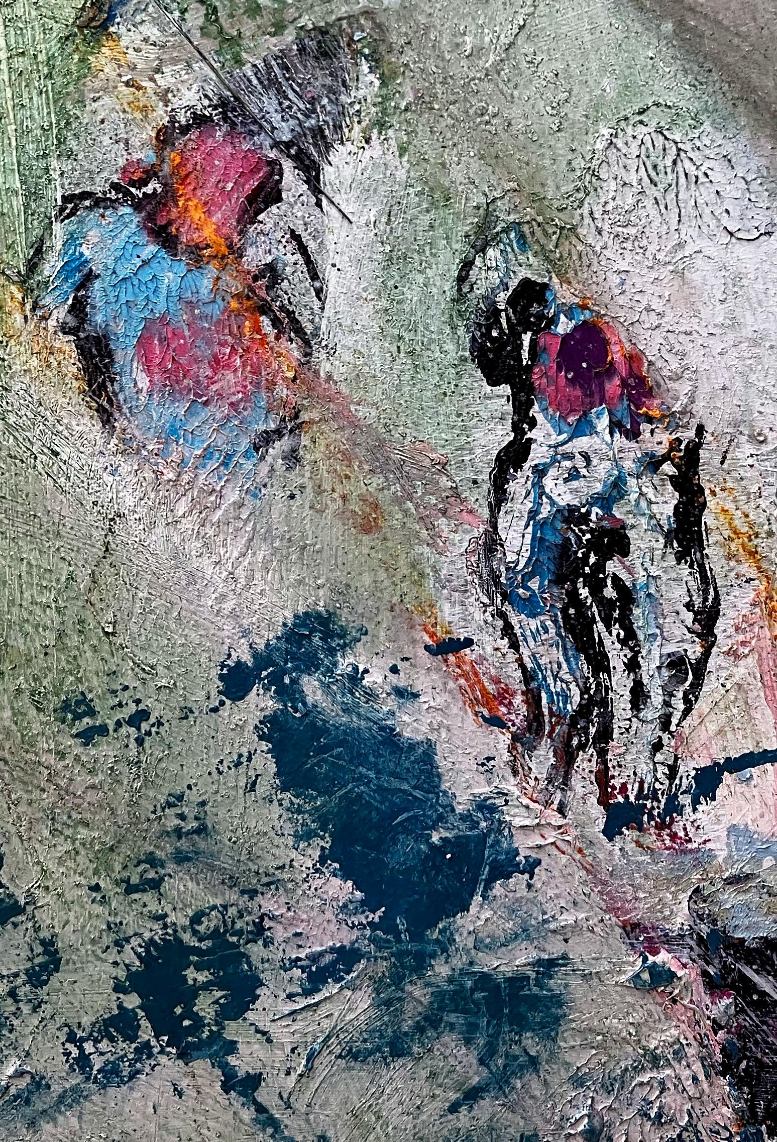 Ozeanischer Pinselstrich, dynamische Pinselführung in abstraktem Gemälde mit blassgrünem, blauem und weißem (Weiß), Abstract Painting, von C. Dimitri