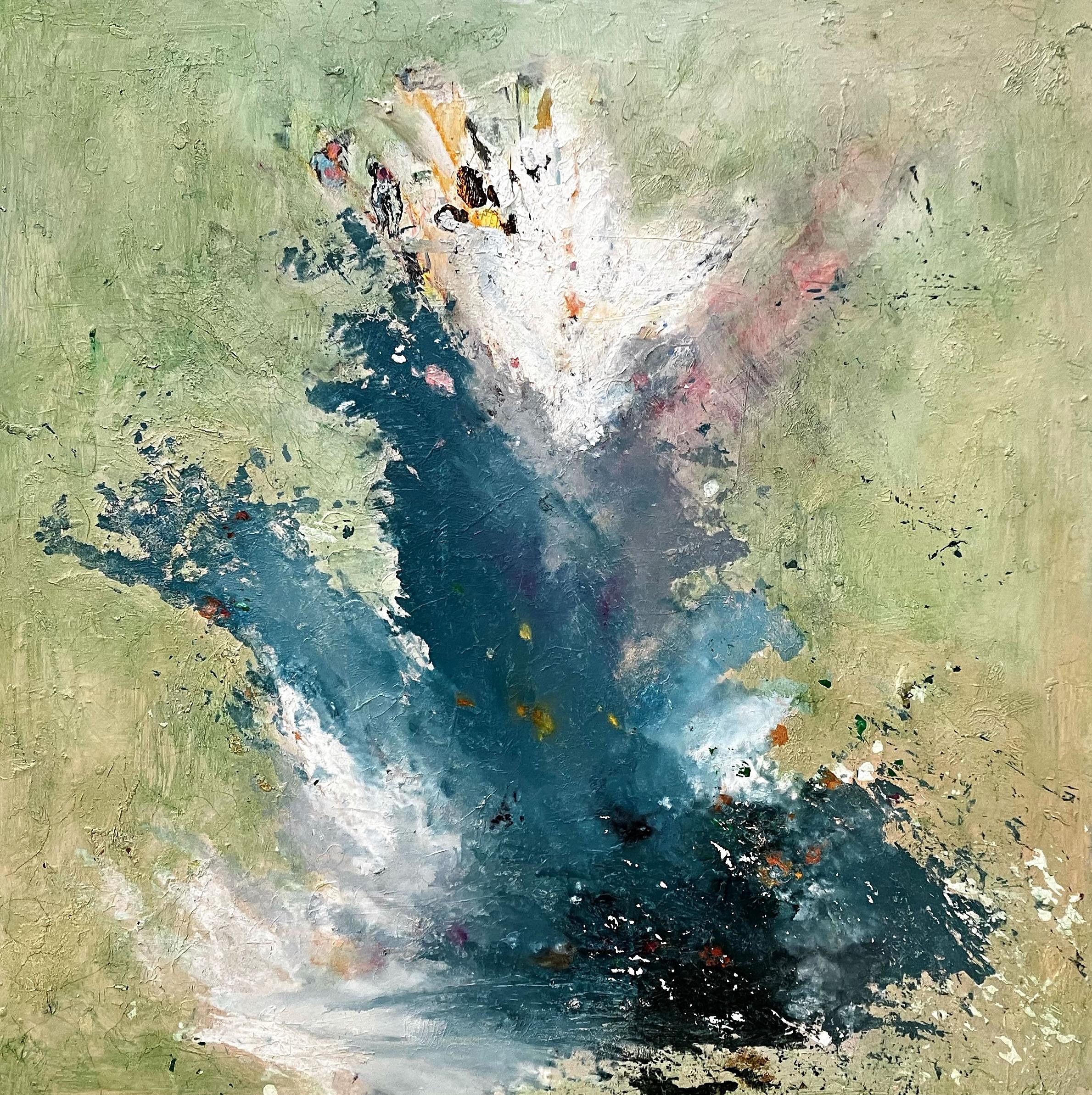 Ozeanischer Pinselstrich, dynamische Pinselführung in abstraktem Gemälde mit blassgrünem, blauem und weißem