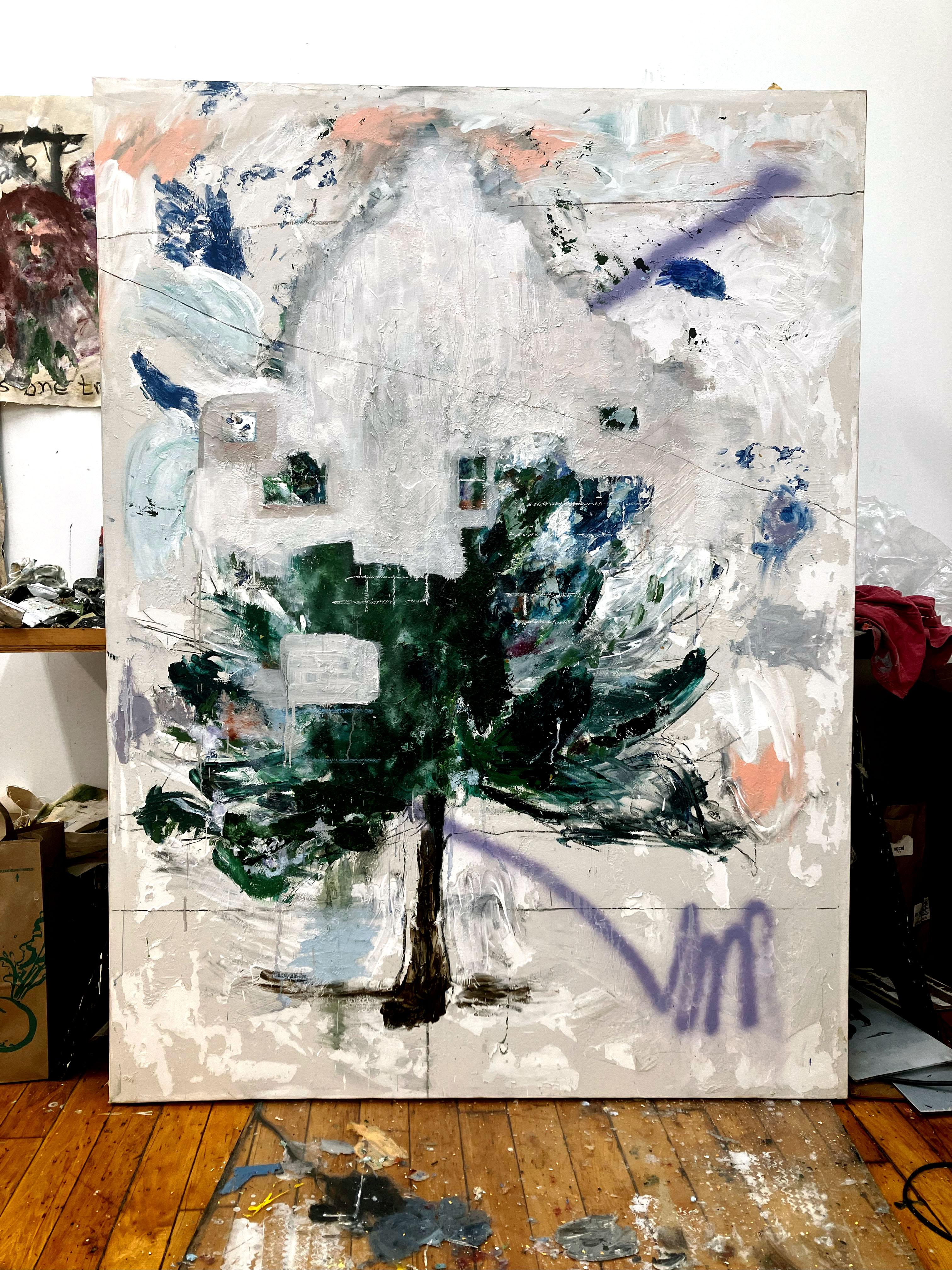 Parade Street Shroud, white abstraction w green tree graffiti elements windows - Painting by C. Dimitri