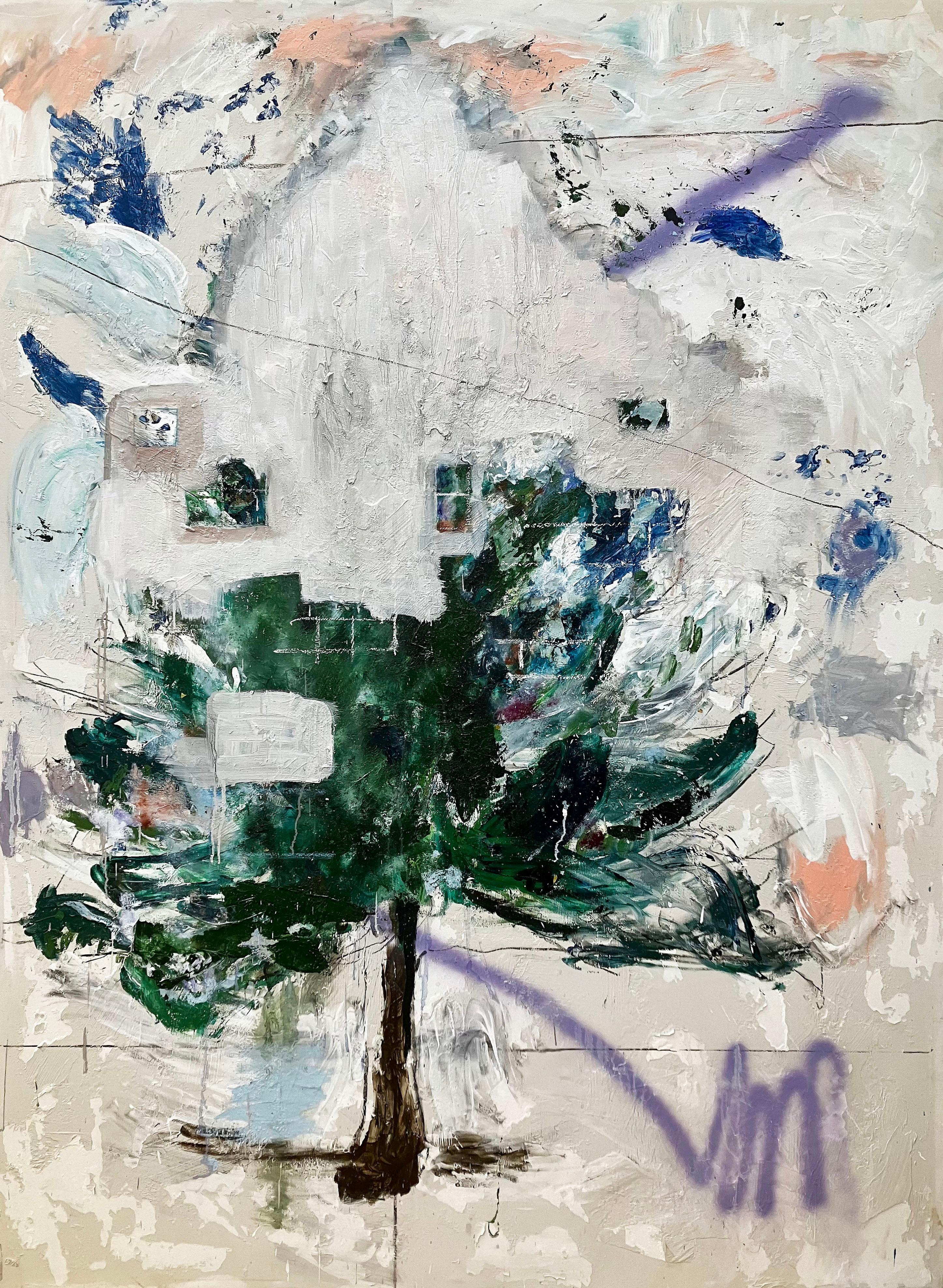 C. Dimitri Abstract Painting - Parade Street Shroud, white abstraction w green tree graffiti elements windows