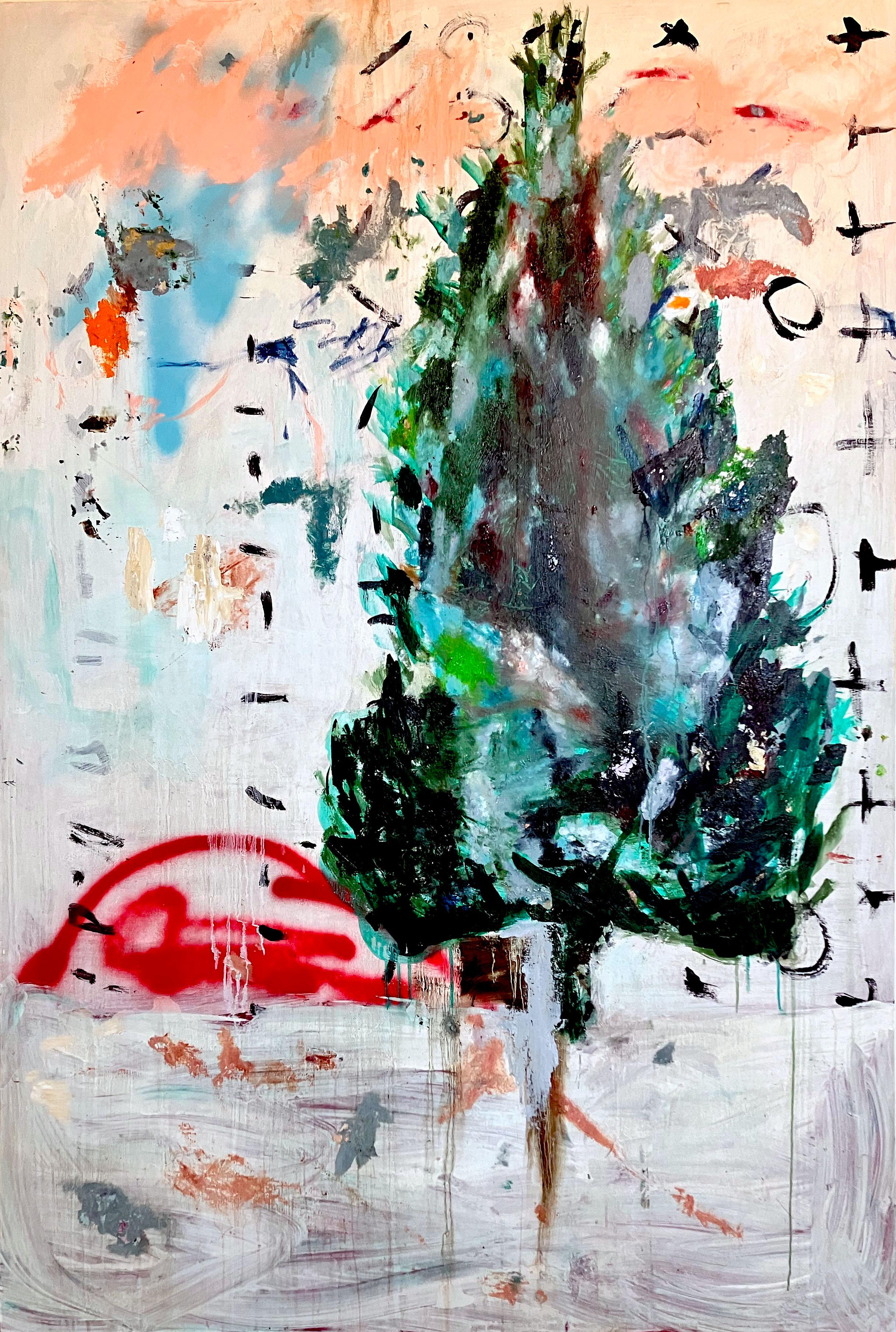 C. Dimitri Abstract Painting - Park, abstracted tree nature image bright touches, graffiti markings