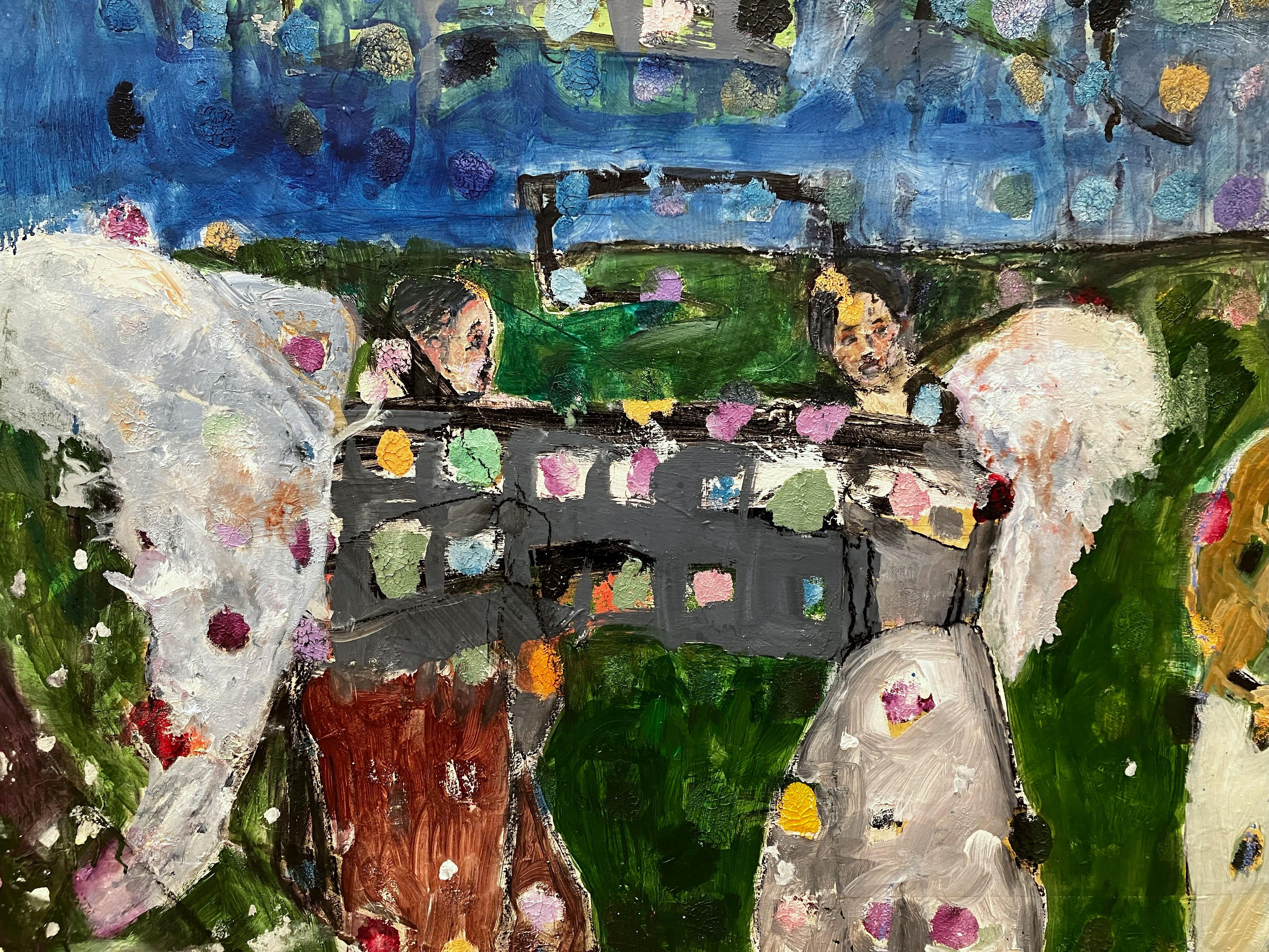 Per Aspera Ad Astra, stelle astratte, figure femminili angeli blu colorati - Painting di C. Dimitri