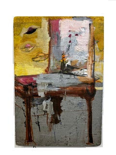 Pink Chair, colorful abstract w flying saucers