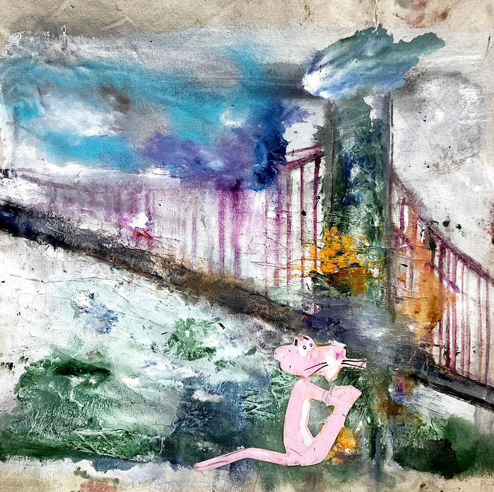 C. Dimitri Abstract Painting - Pink Panther Bridge, colorful abstract bridge painting w cartoon character