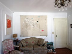 Plays, large abstract with figure and text elements on canvas