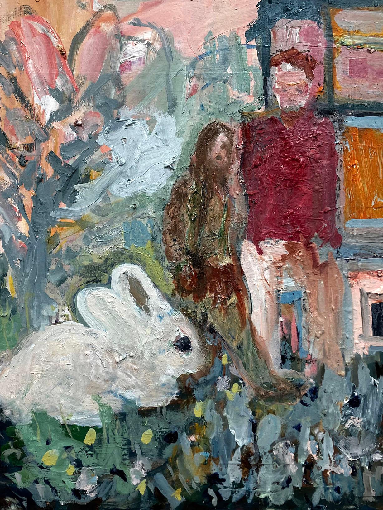Figurative Painting C. Dimitri - Lapin avec un couple de jeunes propriétaires, composition abstraite colorée avec un animal