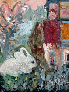 Rabbit with newly propertied couple, colorful abstract with animal