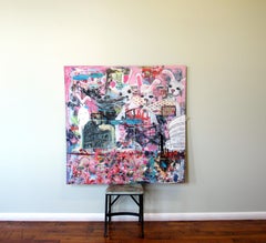 Rabbits in Rome, colorful abstract with rabbits, architecture, hot pink blue