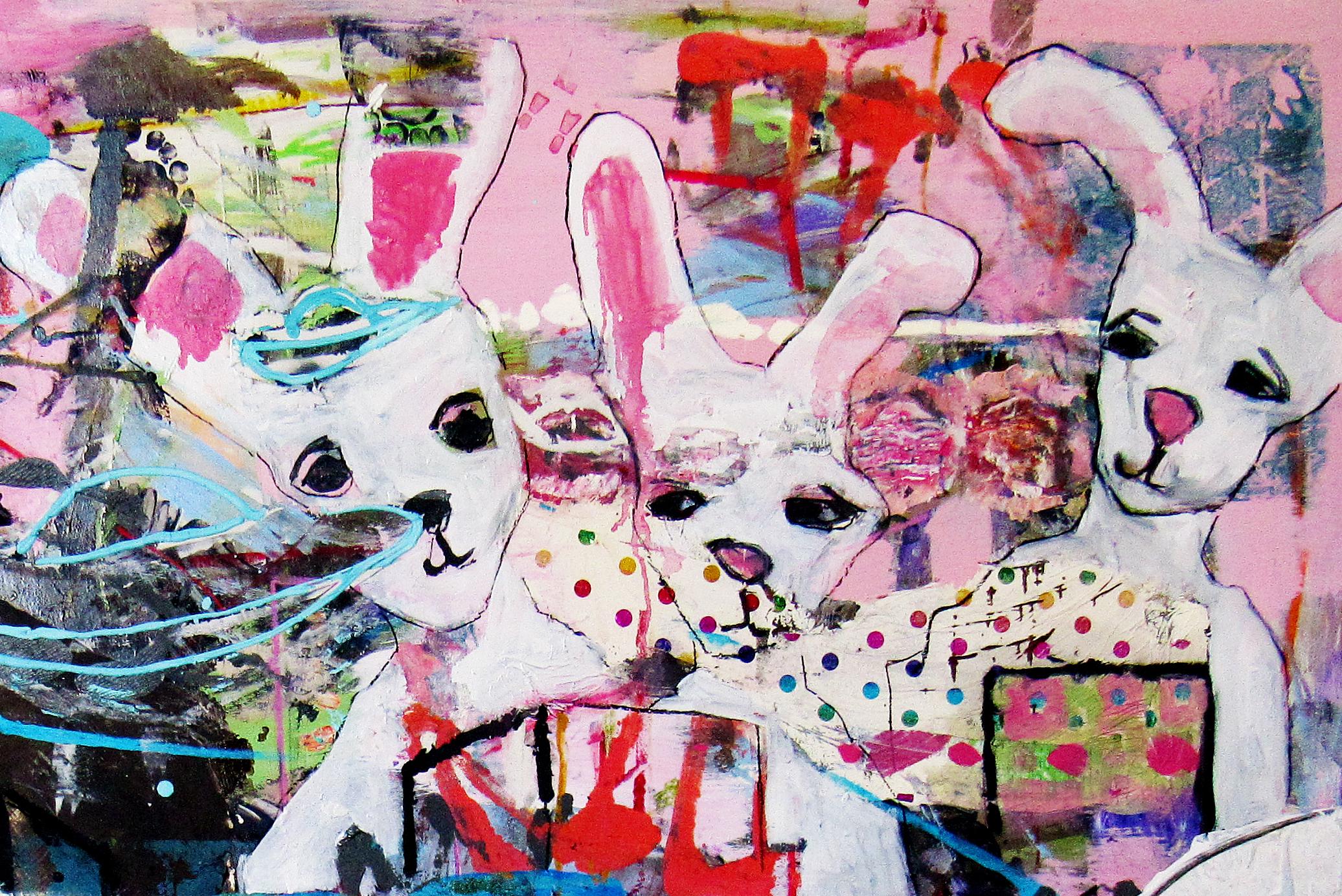 Rabbits in Rome, colorful abstract with rabbits, architecture, hot pink blue - Fauvist Painting by C. Dimitri