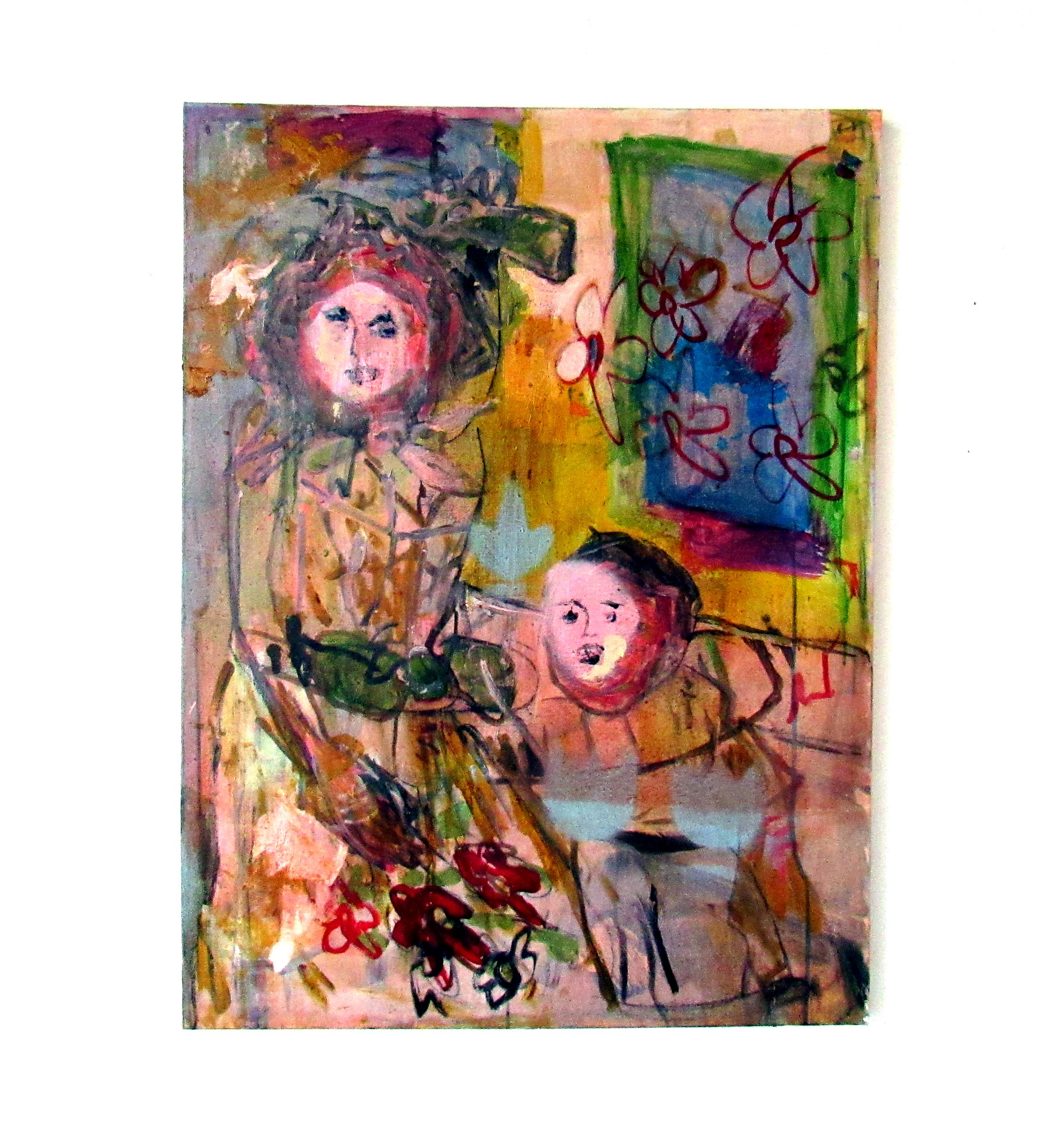 Rosemarie & Young Jim, bright colors abstracted portrait interior flowers - Painting by C. Dimitri