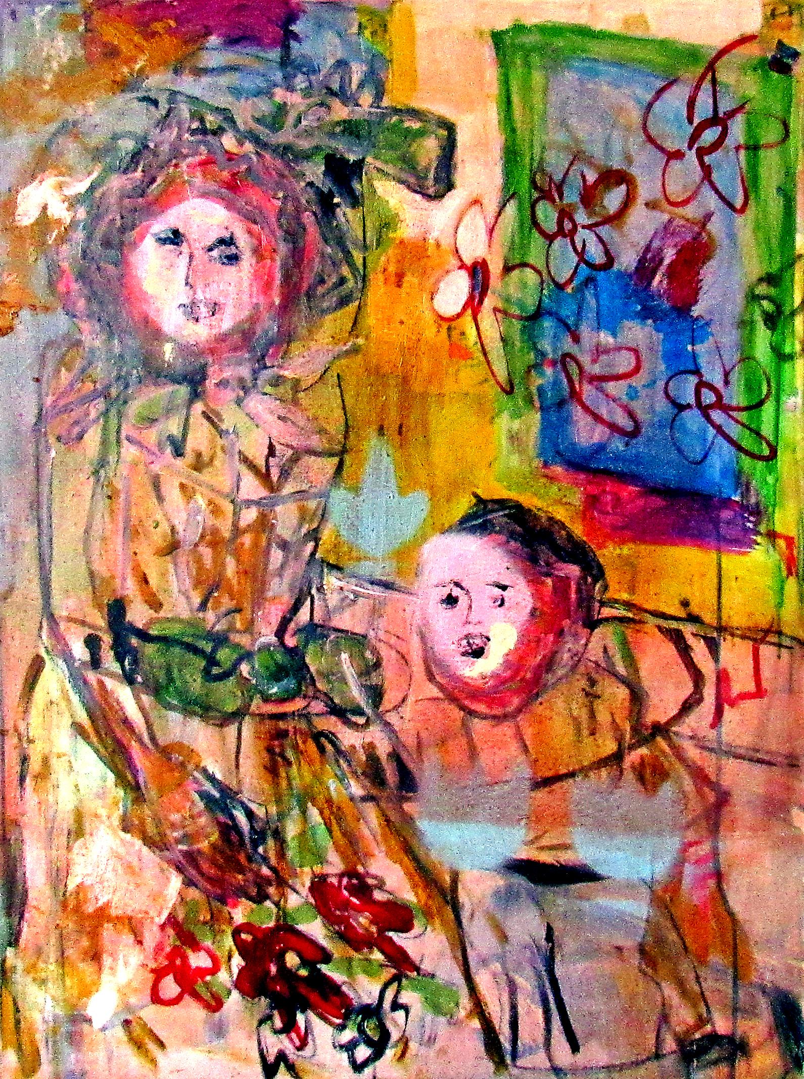 C. Dimitri Figurative Painting - Rosemarie & Young Jim, bright colors abstracted portrait interior flowers