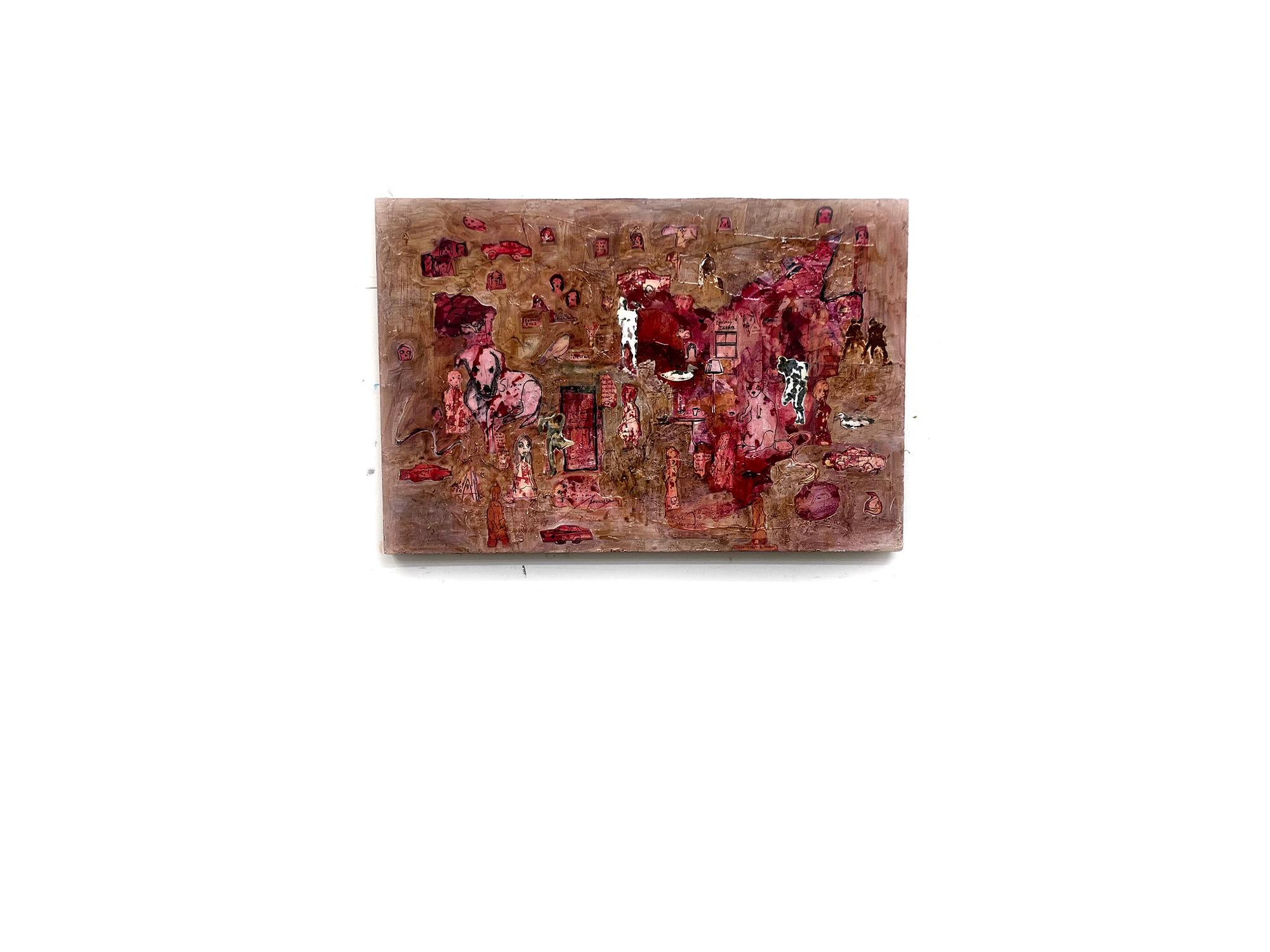 Safe in Here, Red tones, abstract w figures, dogs, cats, cars For Sale 5