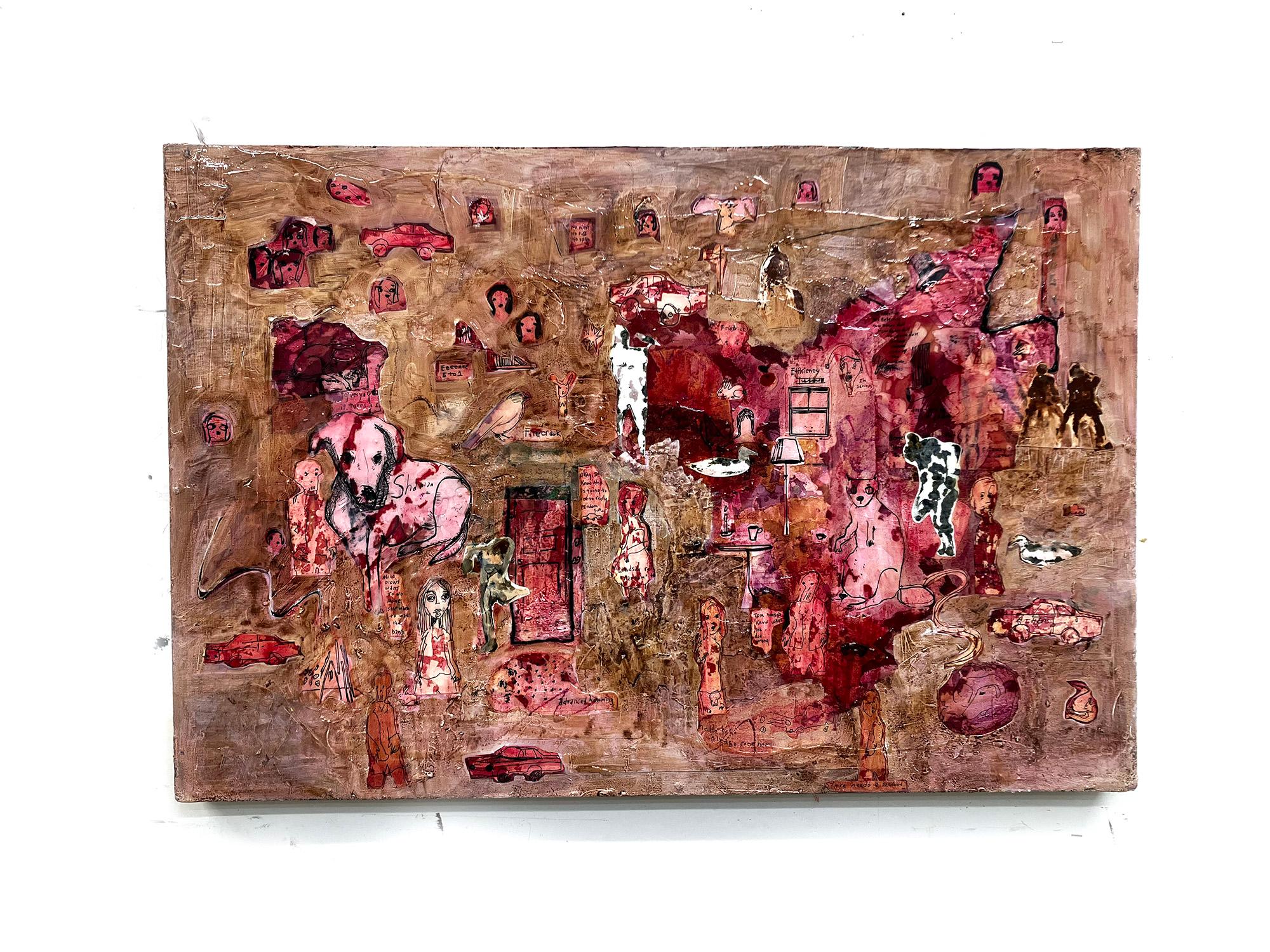 Safe in Here, Red tones, abstract w figures, dogs, cats, cars - Painting by C. Dimitri