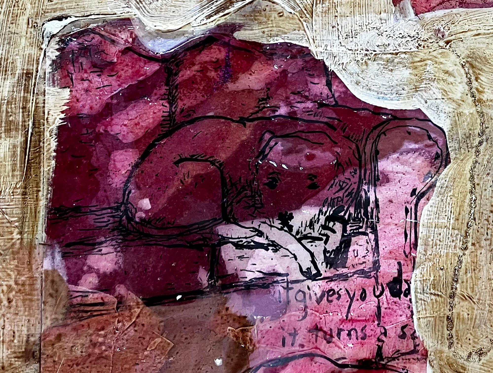 Safe in Here, Red tones, abstract w figures, dogs, cats, cars - Abstract Painting by C. Dimitri