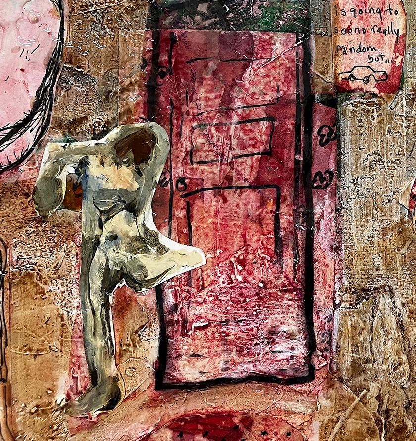 Safe in Here, Red tones, abstract w figures, dogs, cats, cars - Brown Landscape Painting by C. Dimitri