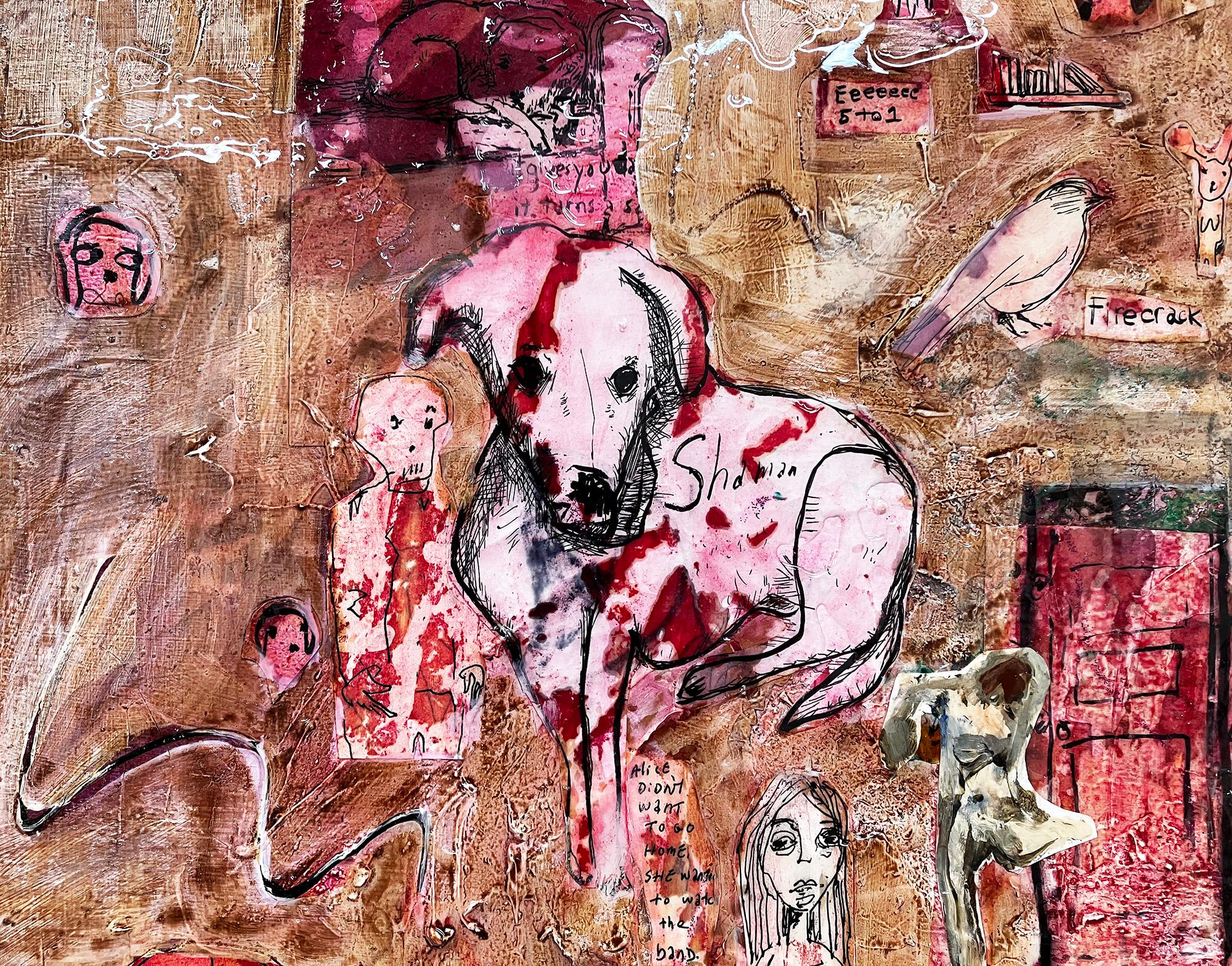 Safe in Here, Red tones, abstract w figures, dogs, cats, cars For Sale 1