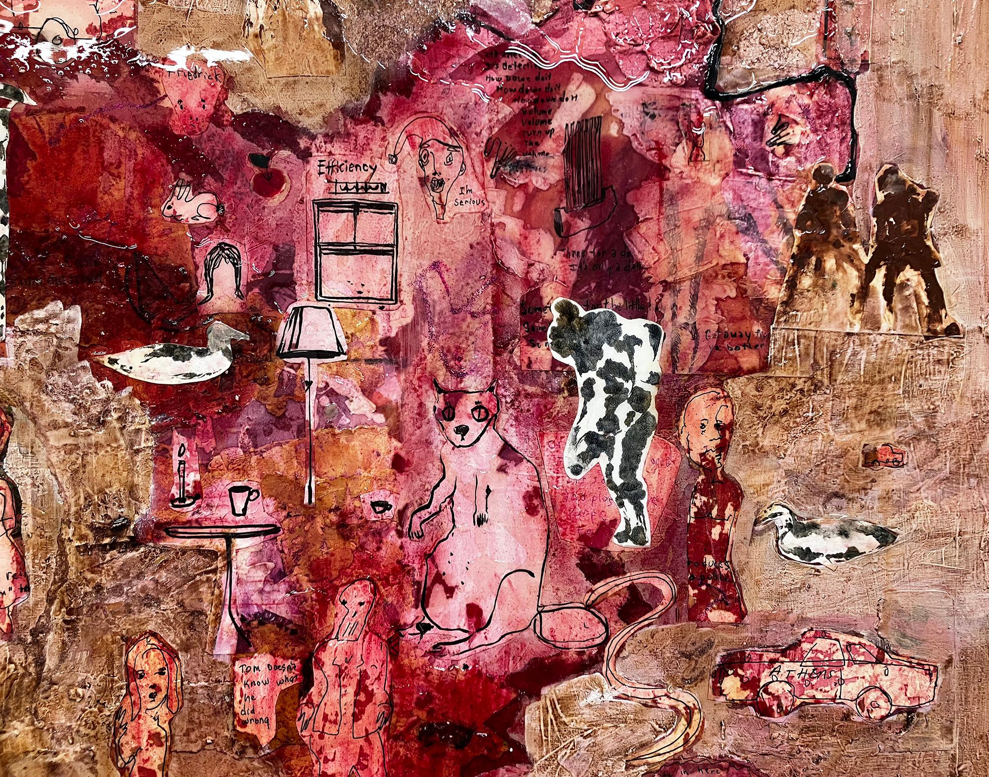 Safe in Here, Red tones, abstract w figures, dogs, cats, cars For Sale 2