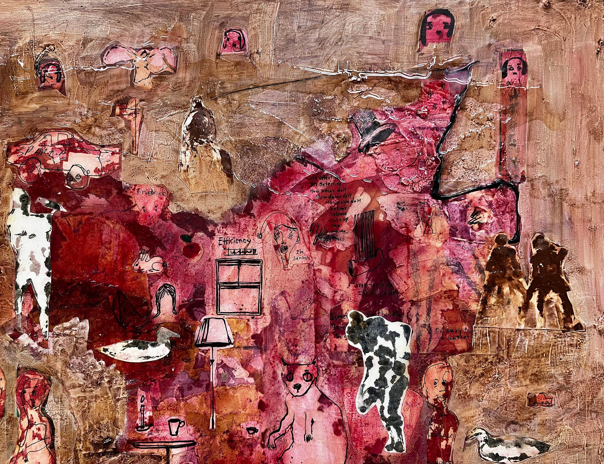 Safe in Here, Red tones, abstract w figures, dogs, cats, cars For Sale 3