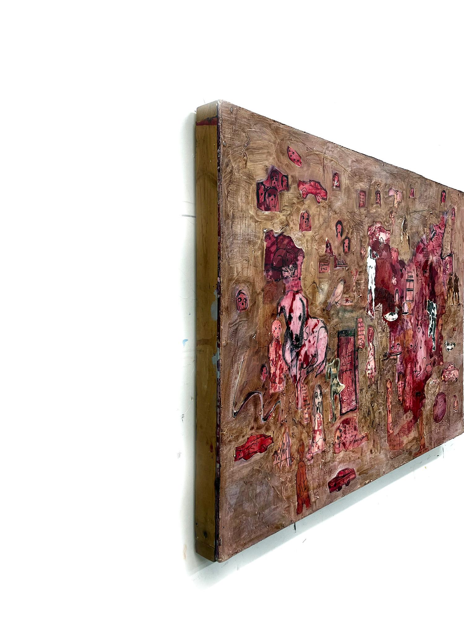 Safe in Here, Red tones, abstract w figures, dogs, cats, cars For Sale 4