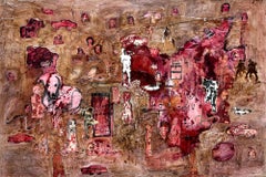 Safe in Here, Red tones, abstract w figures, dogs, cats, cars