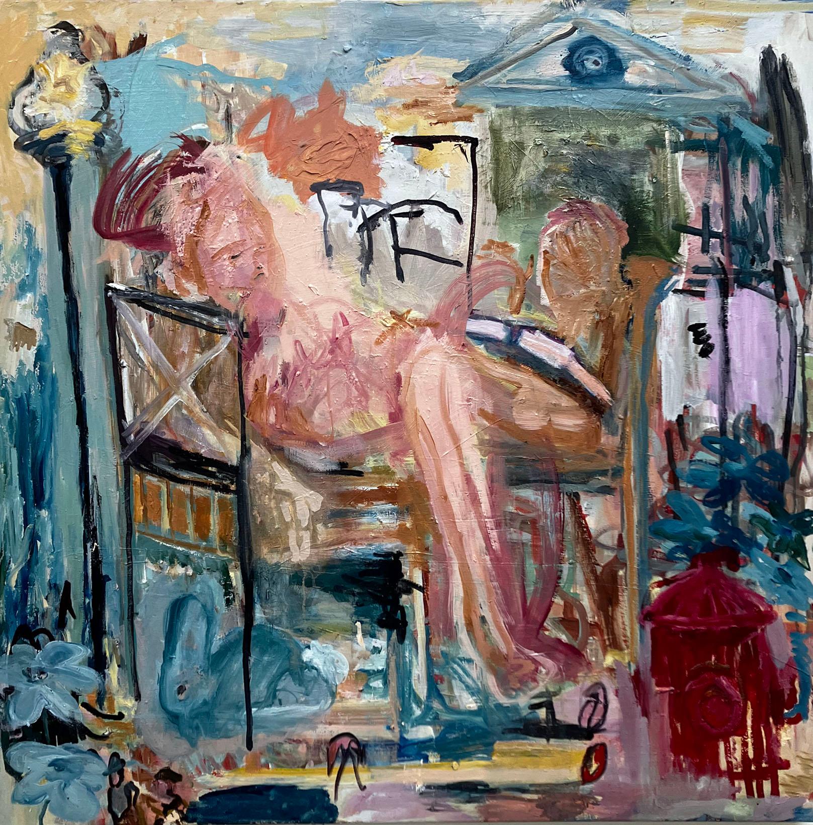 Figurative Painting C. Dimitri - L'heure du conte, personnage abstrait sur une chaise, tons bleus, fronton classique