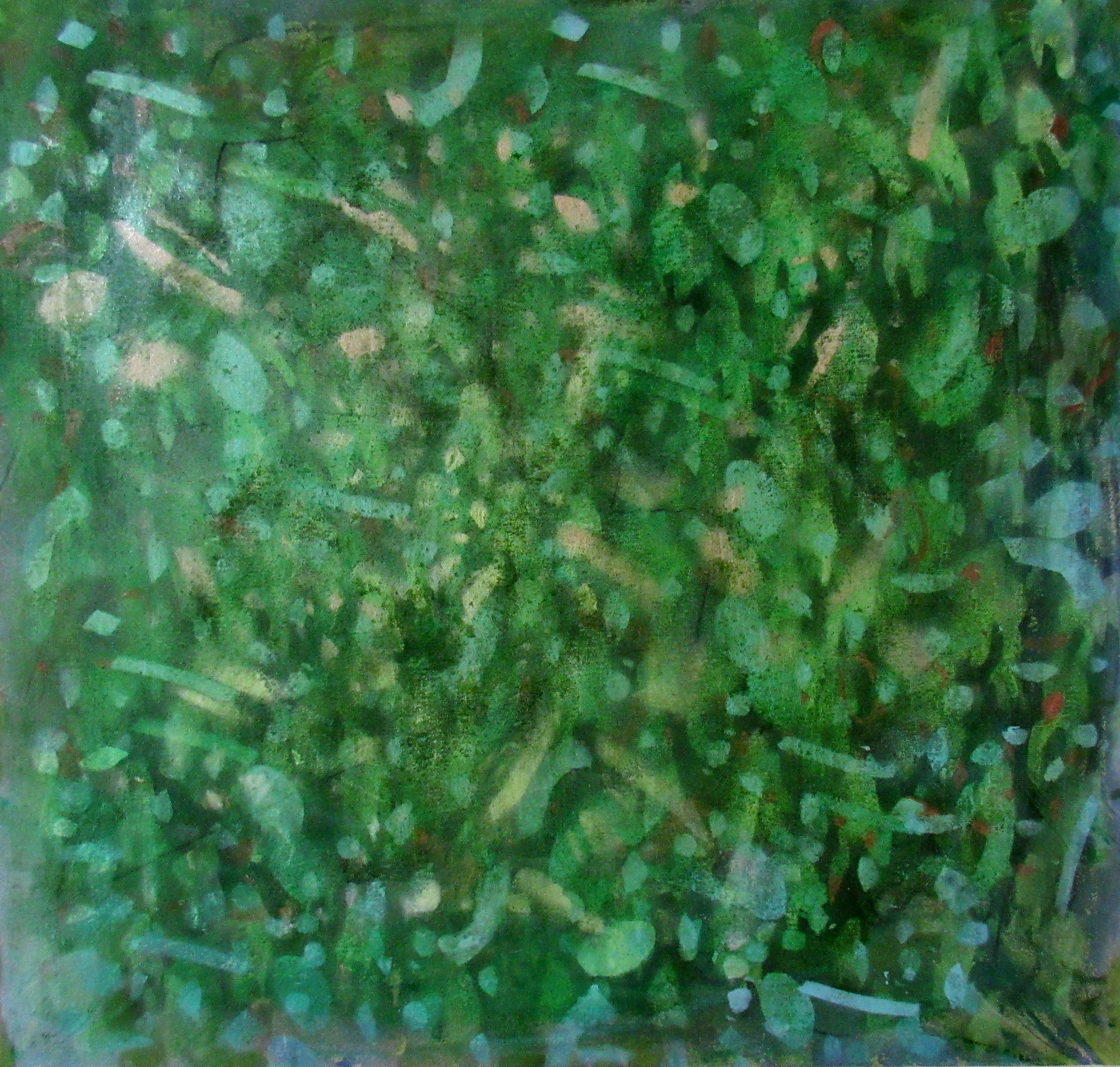 Peinture à l'huile abstraite à motif vert subatomique - Painting de C. Dimitri