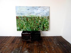 Superposition, greens, blues, abstracted landscape w subtle UFOs in sky