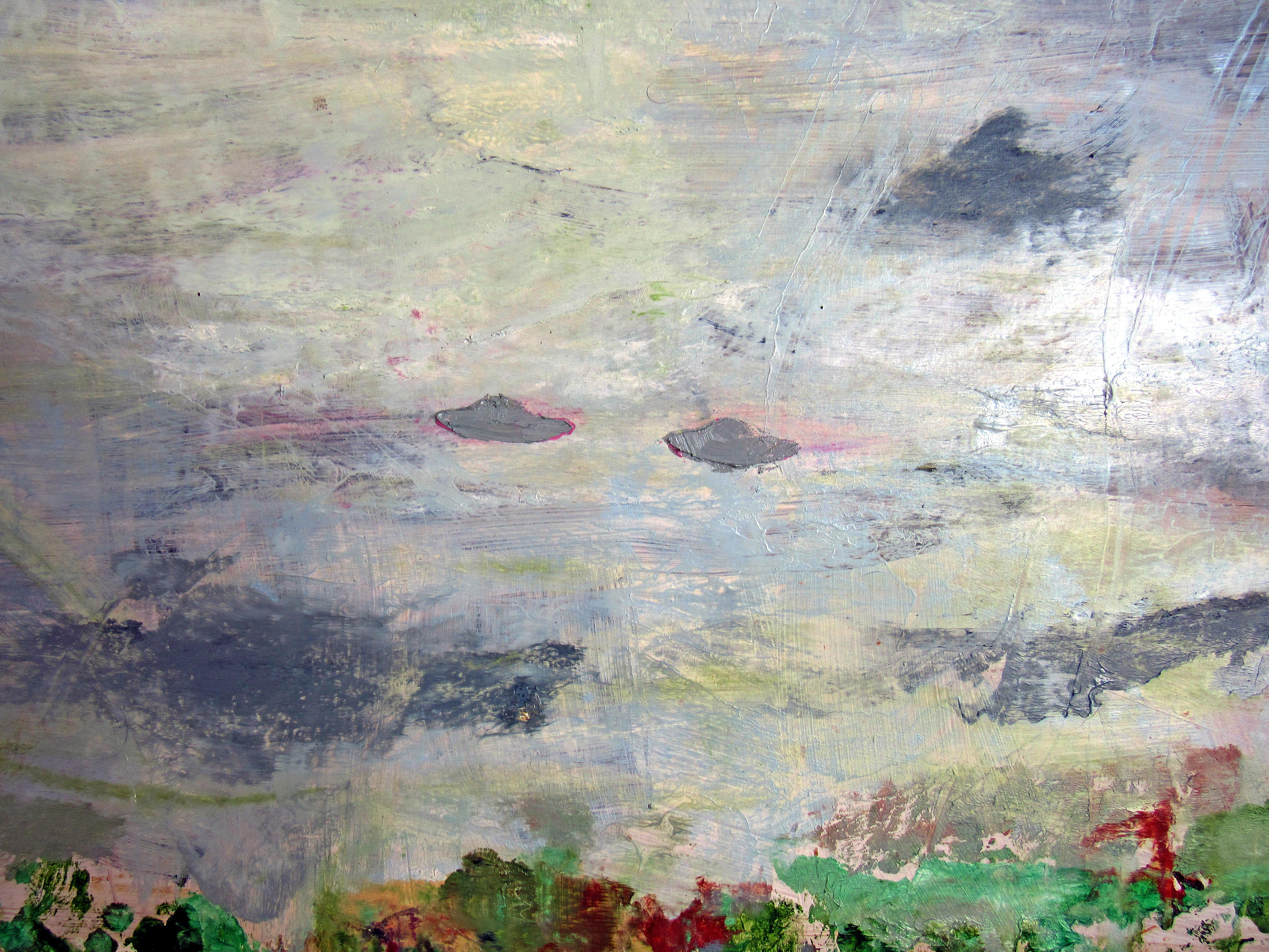 Superposition, greens, blues, abstracted landscape w subtle UFOs in sky - Abstract Painting by C. Dimitri