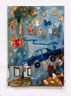 The Big Hello #47, playful bright colors blues abstract car bunny