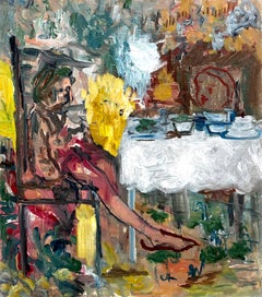 The Birthday Party abstract painting child like elements color yellow