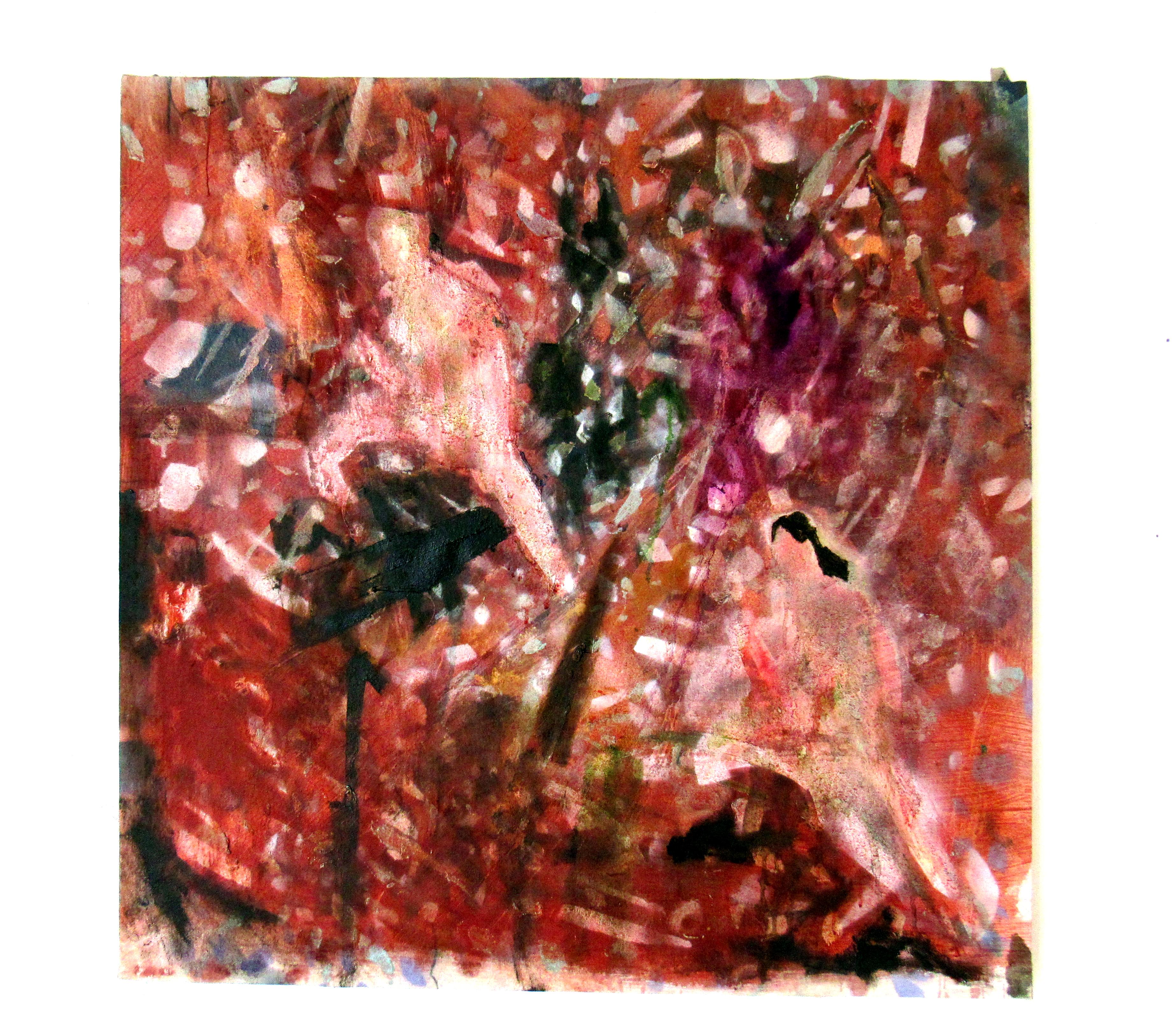 The Climb, colorful abstract patterns w figures, earthy red tones - Painting by C. Dimitri