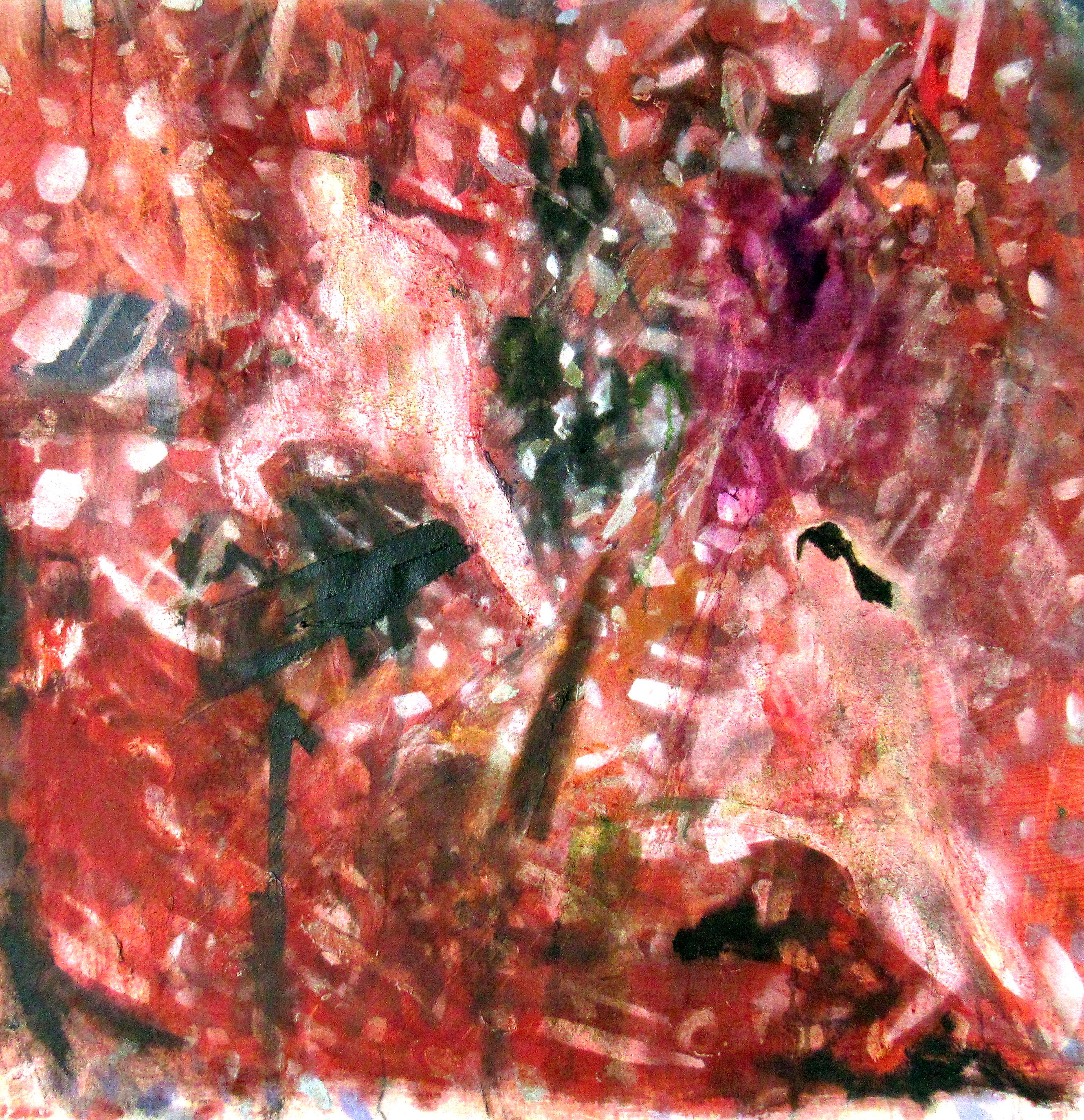 The Climb, colorful abstract patterns w figures, earthy red tones