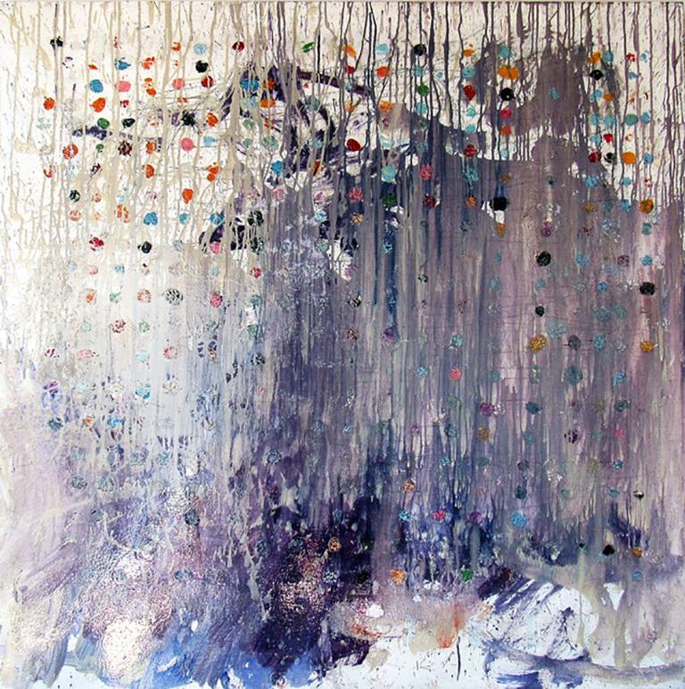 C. Dimitri Abstract Painting – Abstraktes Ölgemälde "Die Untersuchung der Untersuchung", kräftige farbenfrohe Punkte und Grau