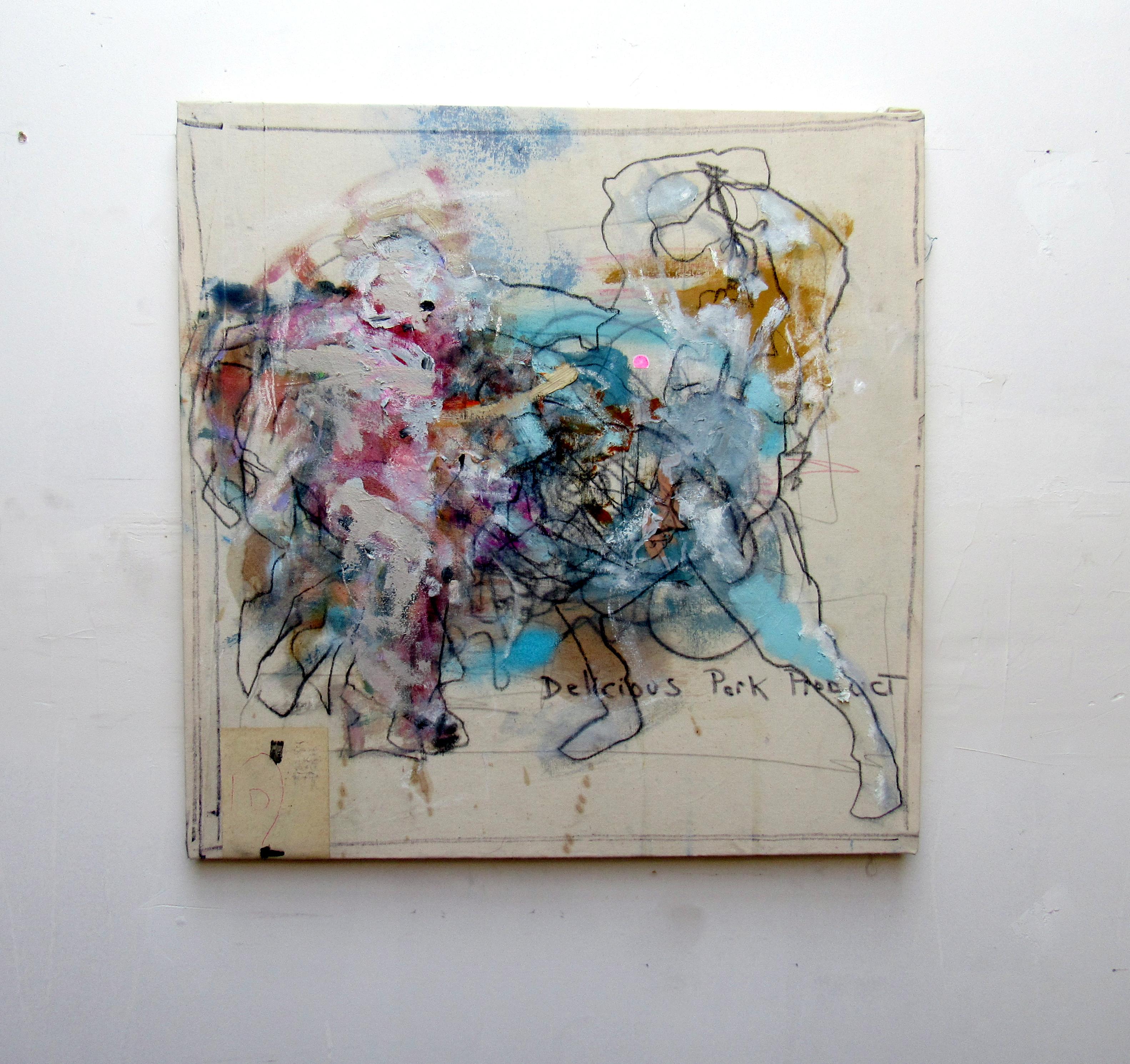 Porkparty, gestural abstraction w figure, energy, blue and neutral tones - Painting by C. Dimitri