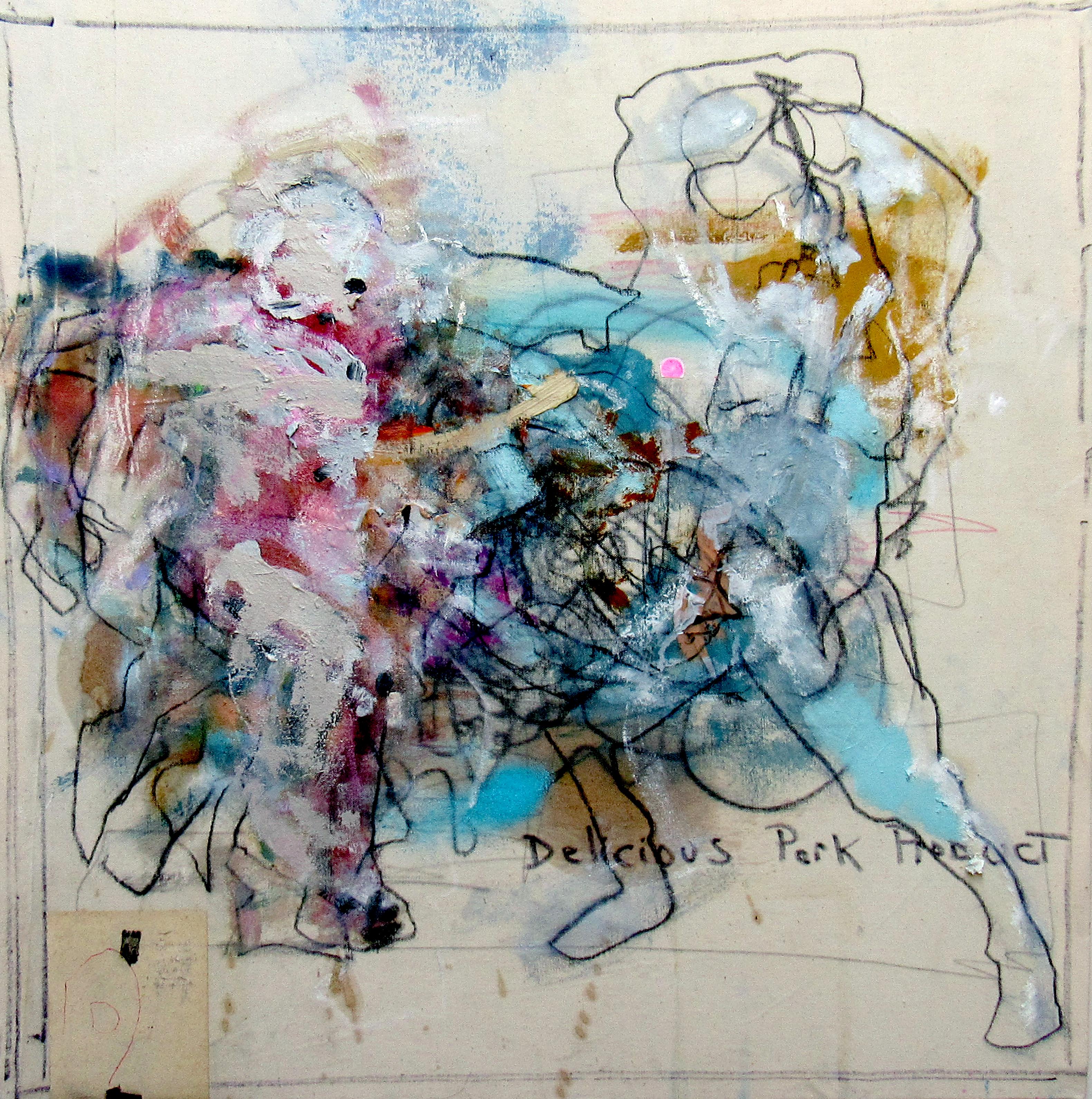 Porkparty, gestural abstraction w figure, energy, blue and neutral tones