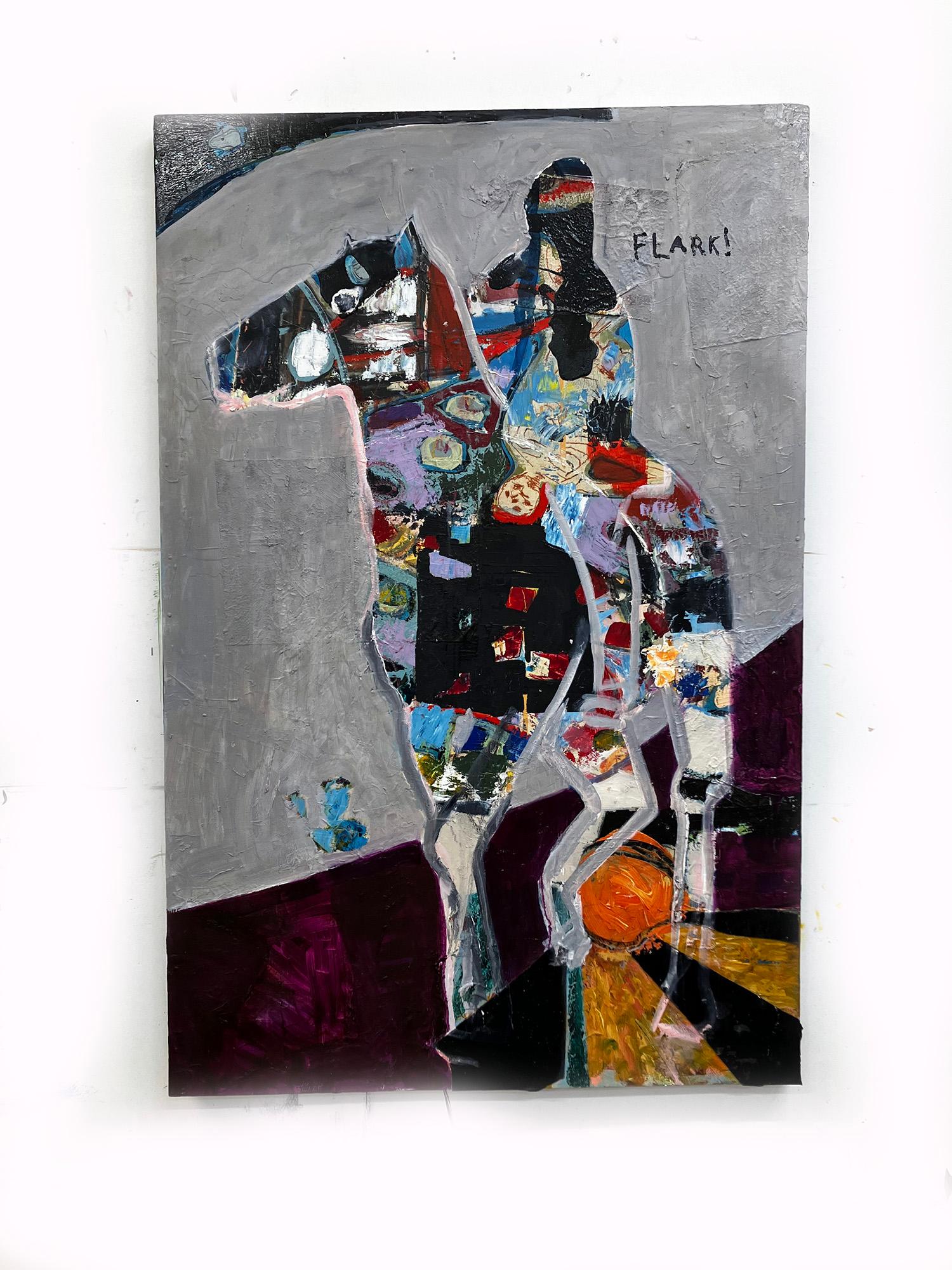 The Rider Comes Bearing Noise, bright color abstract figure on horse - Painting by C. Dimitri