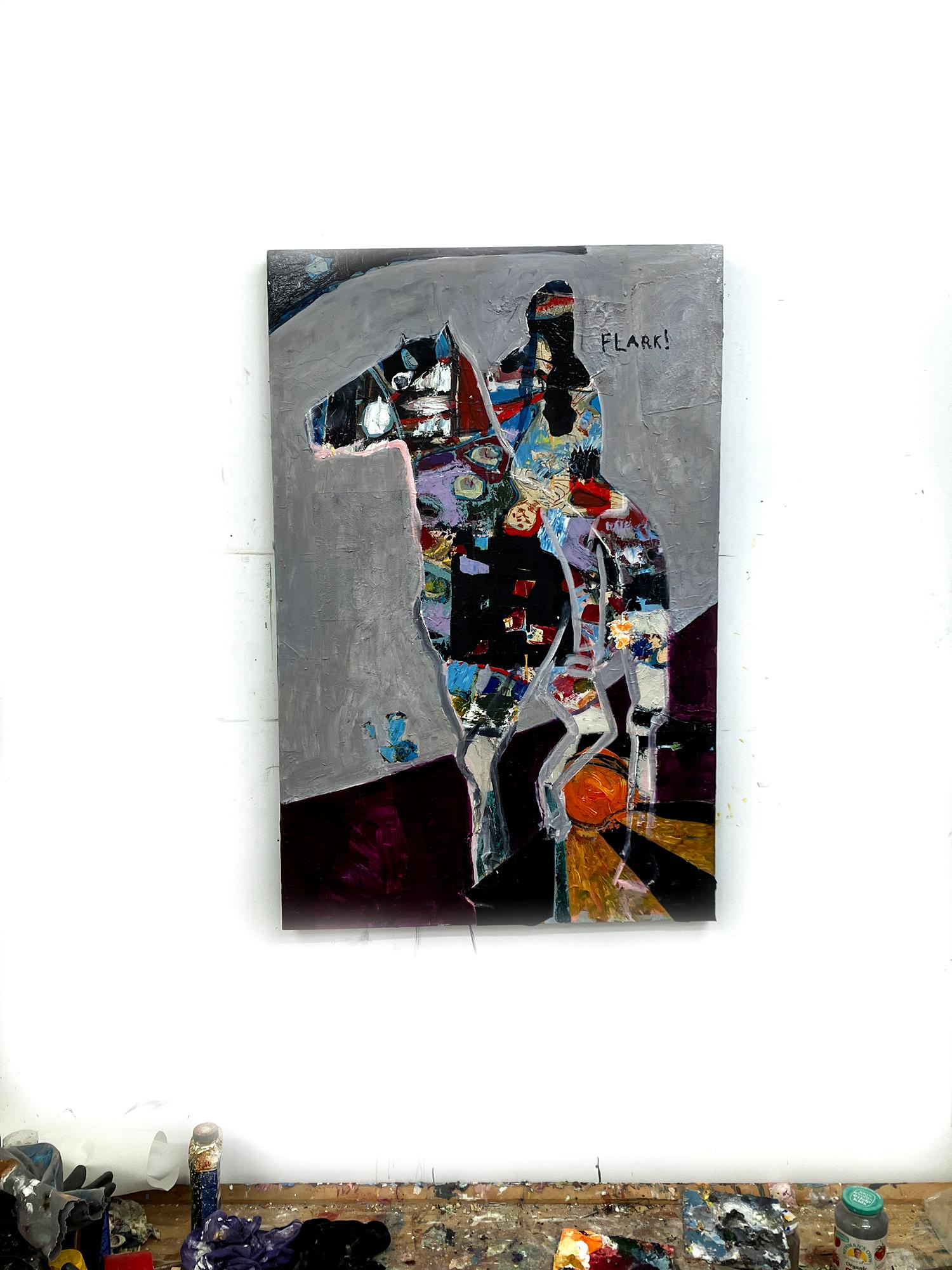 The Rider Comes Bearing Noise, bright color abstract figure on horse - Abstract Painting by C. Dimitri