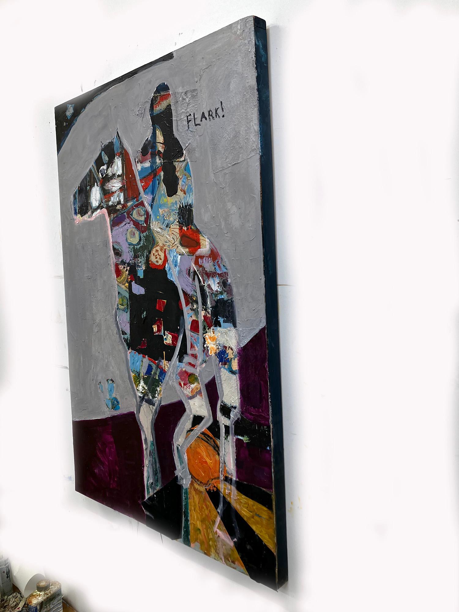 The Rider Comes Bearing Noise, bright color abstract figure on horse - Gray Animal Painting by C. Dimitri