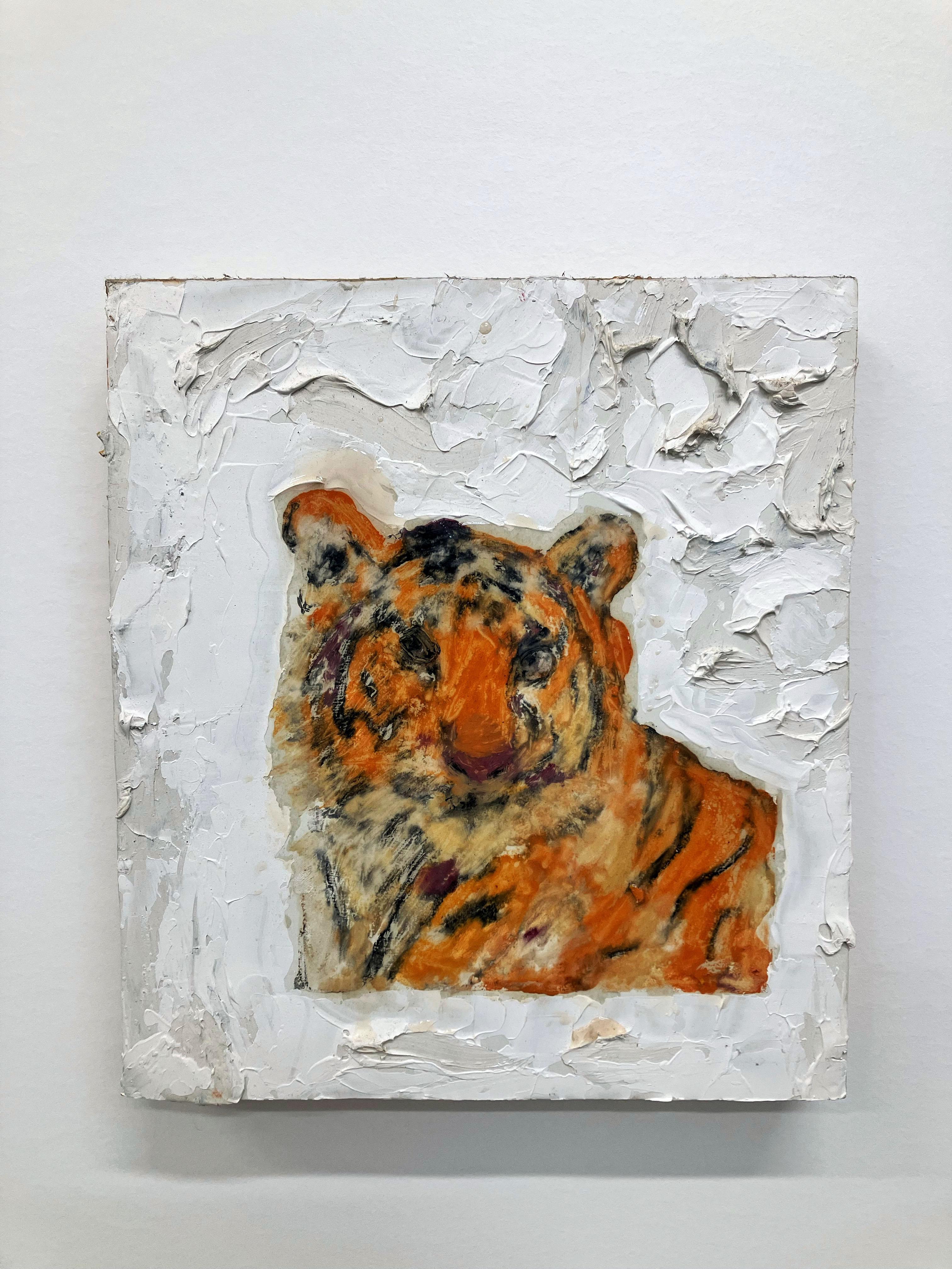 Tiger Face, textural animal, white, orange tones - Painting by C. Dimitri