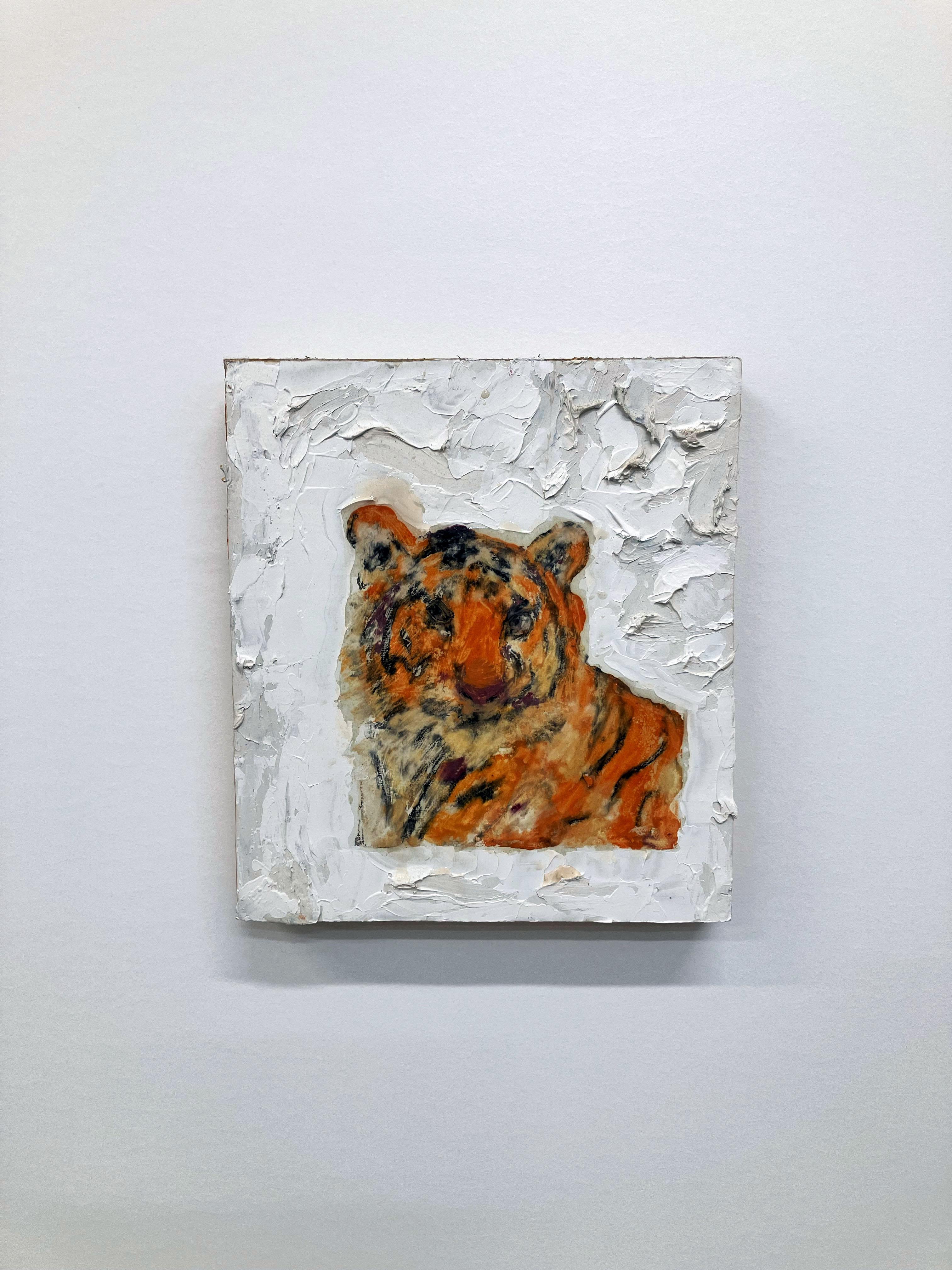 Tiger Face, textural animal, white, orange tones - Contemporary Painting by C. Dimitri