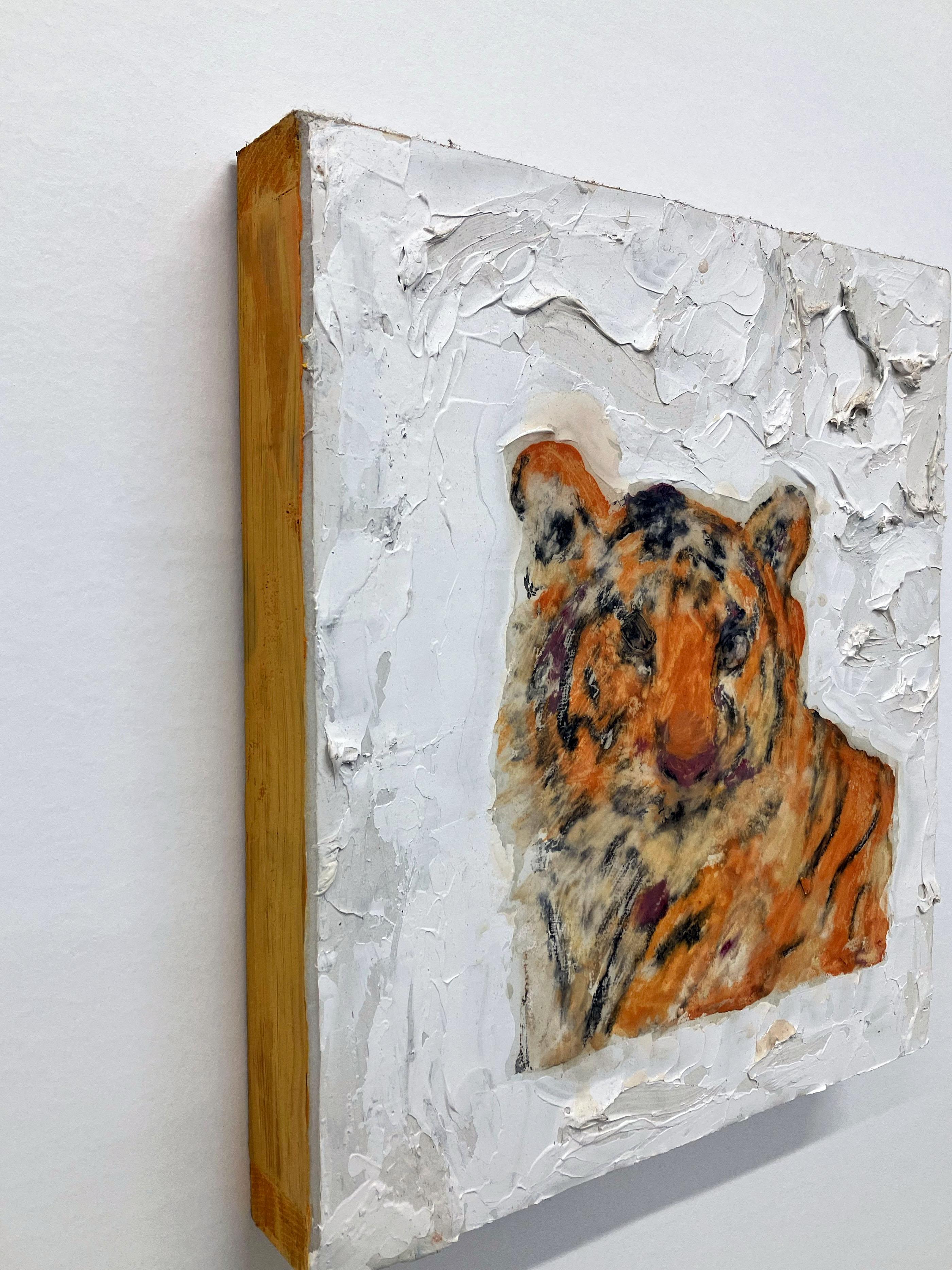 Oil, silicon, resin, and gesso on wood panel. Animal portrait: tiger. Wildlife. Endangered species. 